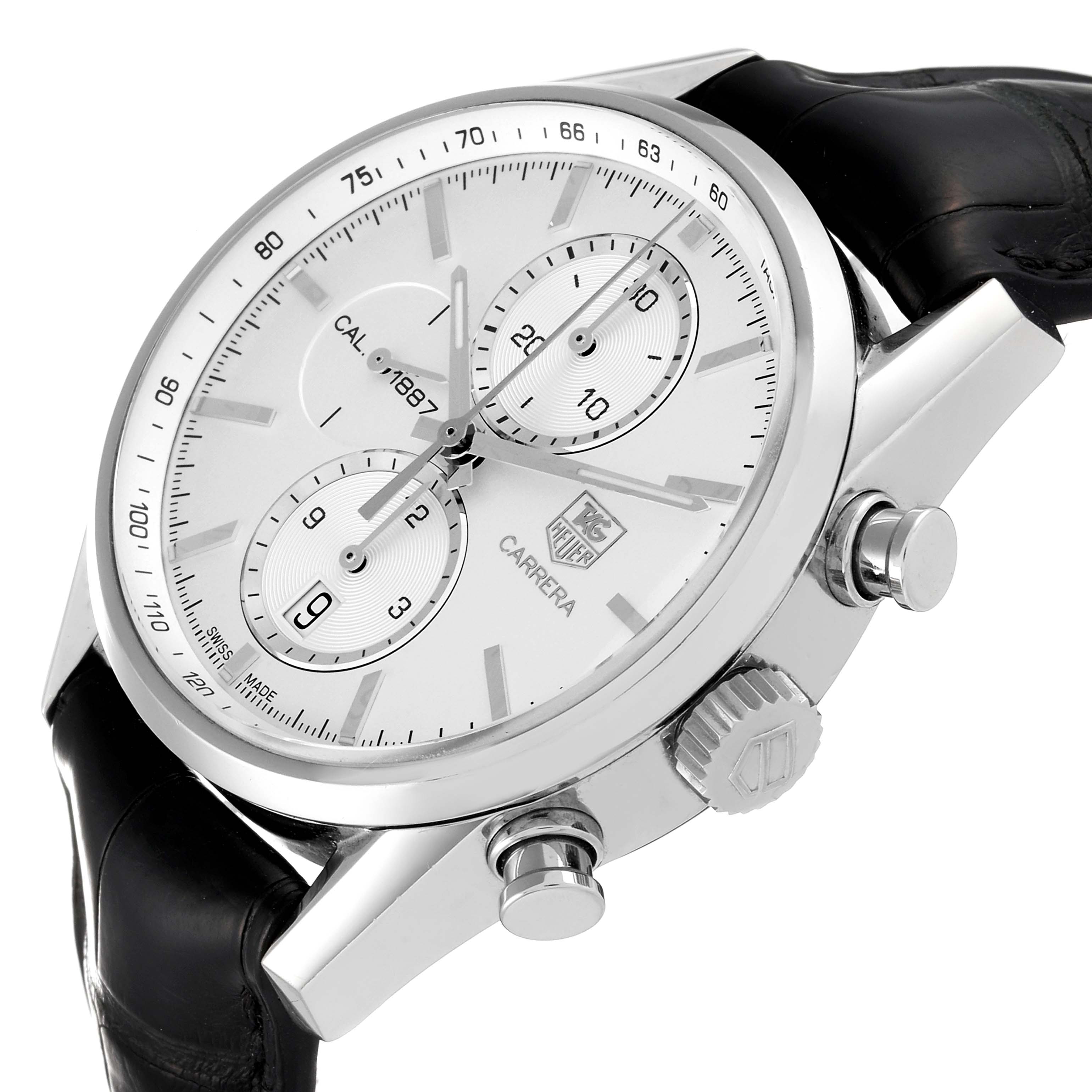 The image shows a close-up, angled view of the face and side of a Tag Heuer Carrera CAR2111 Men's Stainless Steel Silver Dial CAR2111 Men's Stainless Steel Silver Dial watch, highlighting the dial, crown, and pushers.