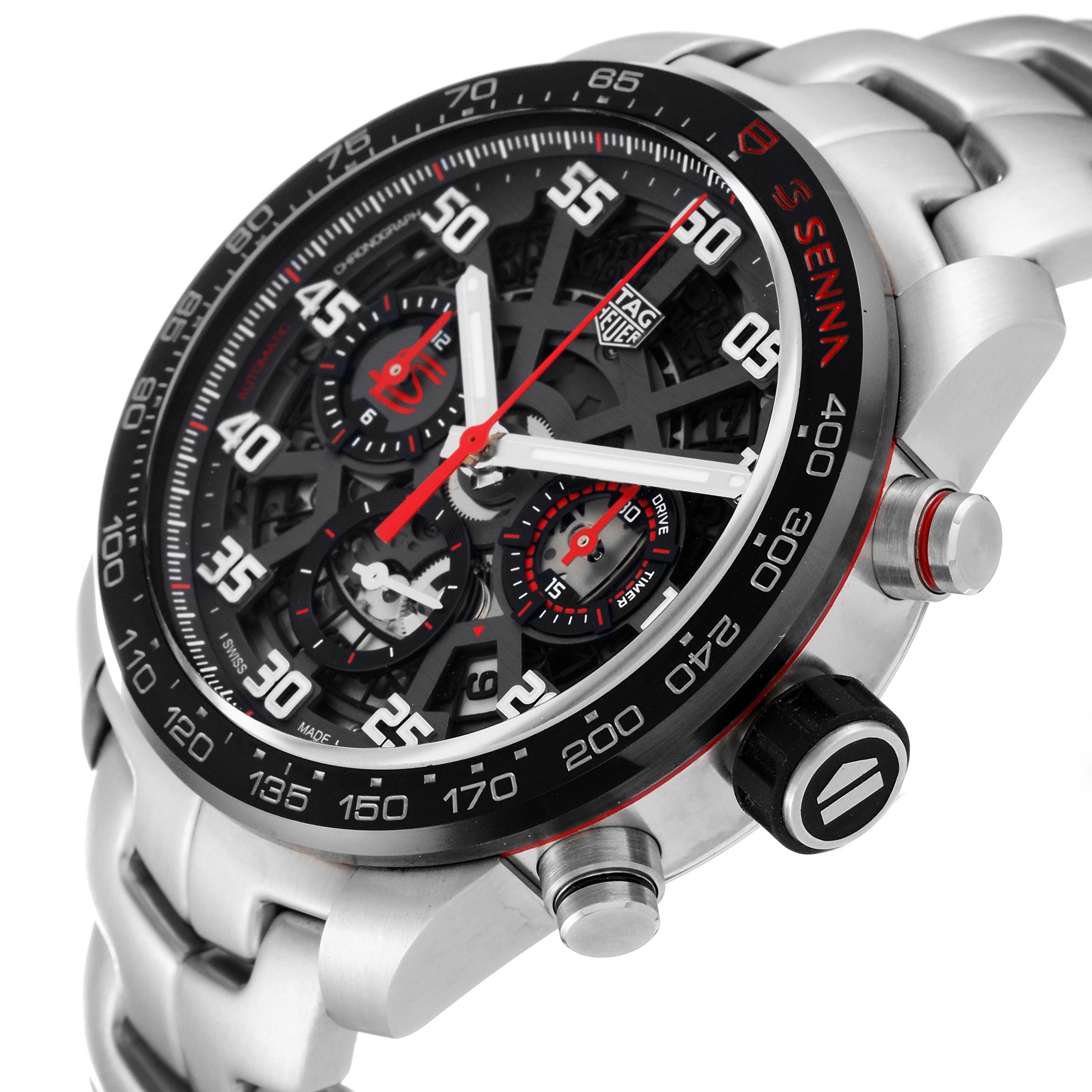 The image shows the Tag Heuer Carrera CBG2013.BA0657 Men's Stainless Steel Black Dial CBG2013.BA0657 Men's Stainless Steel Black Dial watch, highlighting the dial, bezel, pushers, and part of the bracelet from an angled side view.