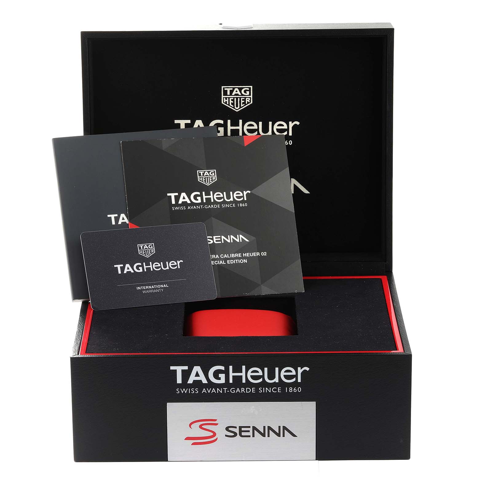 The image shows the box, warranty card, and booklets for the Tag Heuer Carrera CBG2013.BA0657 Men's Stainless Steel Black Dial CBG2013.BA0657 Men's Stainless Steel Black Dial model watch.