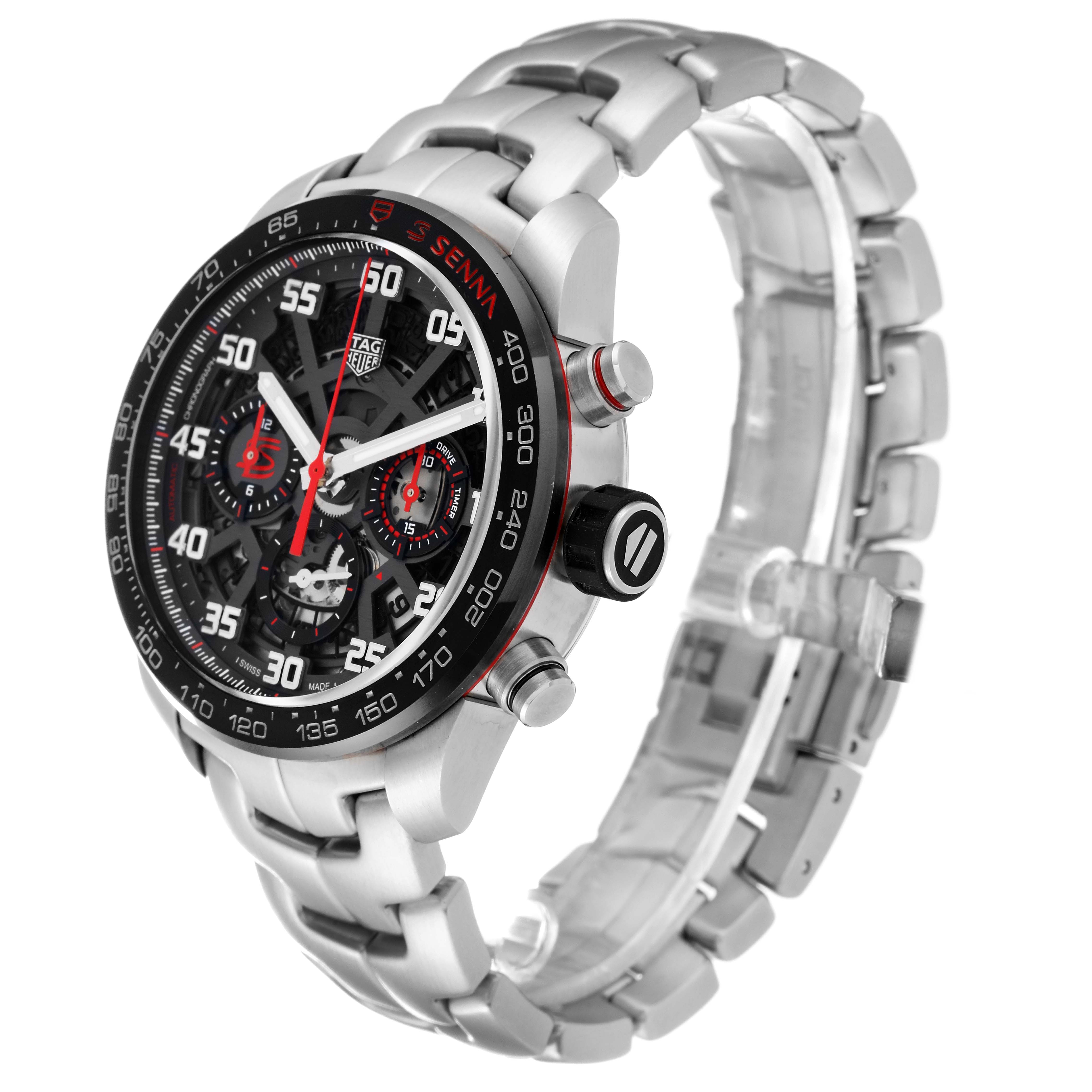 This image shows a side-angle view of the Tag Heuer Carrera CBG2013.BA0657 Men's Stainless Steel Black Dial CBG2013.BA0657 Men's Stainless Steel Black Dial watch, highlighting its face, bezel, crown, and stainless steel bracelet.