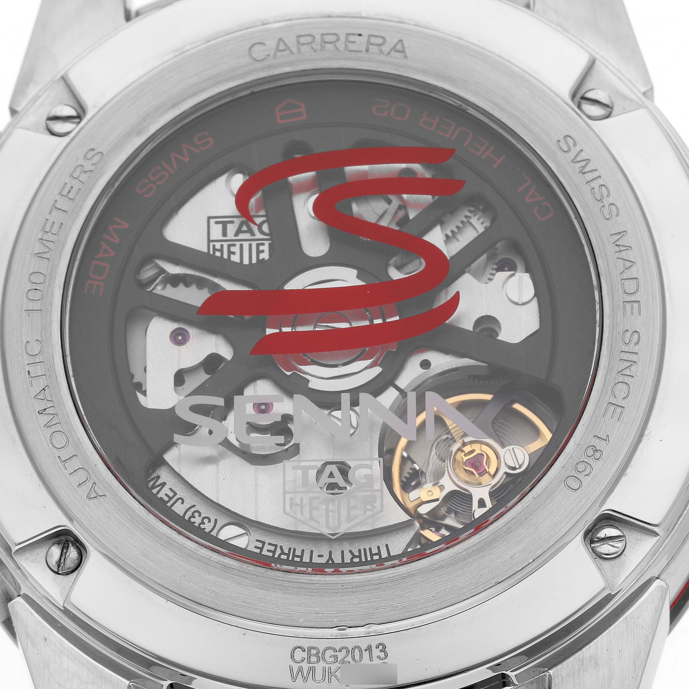 The image shows the back view of a Tag Heuer Carrera CBG2013.BA0657 Men's Stainless Steel Black Dial CBG2013.BA0657 Men's Stainless Steel Black Dial watch, displaying its internal mechanisms and engravings.