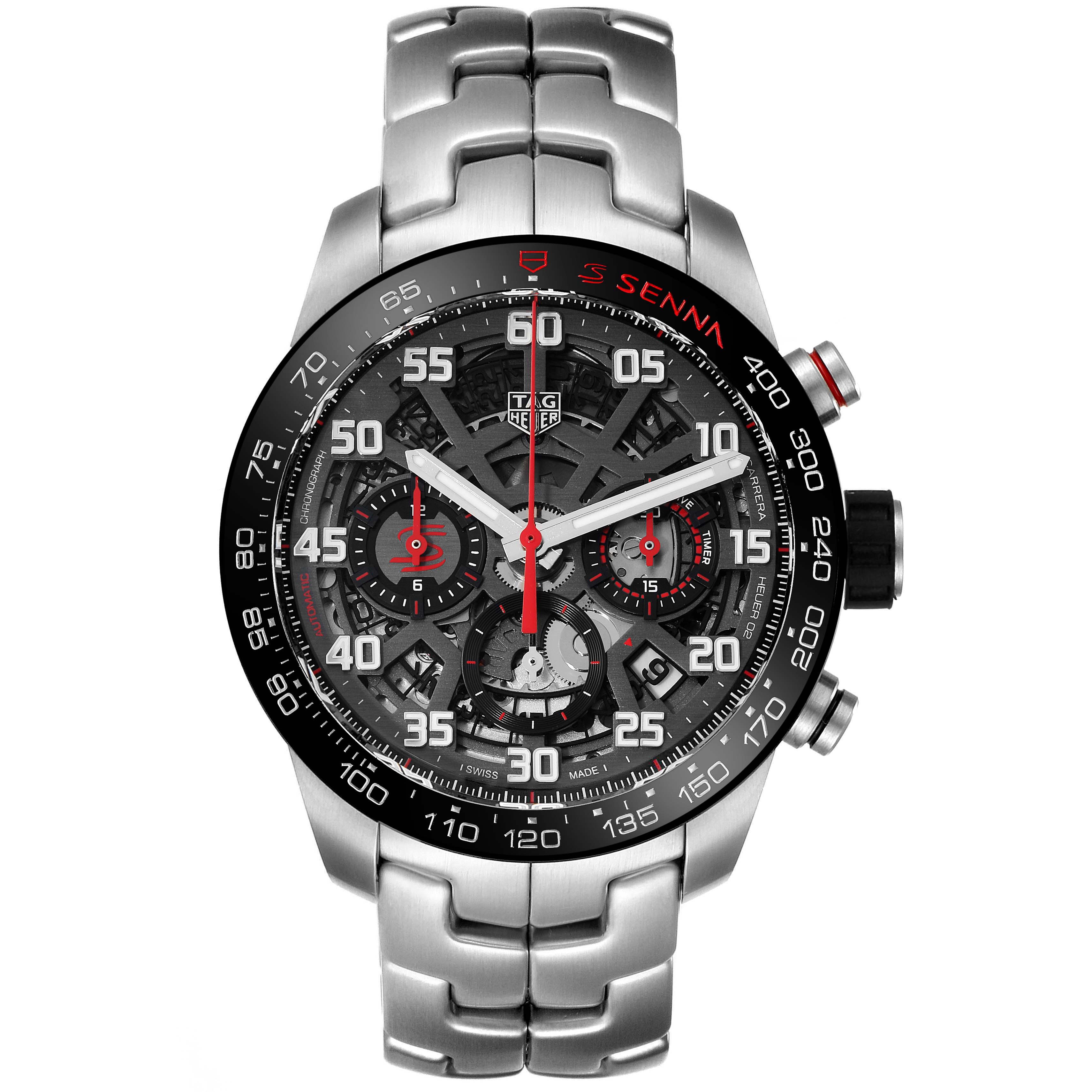This image shows a close-up front view of a Tag Heuer Carrera CBG2013.BA0657 Men's Stainless Steel Black Dial CBG2013.BA0657 Men's Stainless Steel Black Dial watch, highlighting the dial, bezel, and part of the metal bracelet.