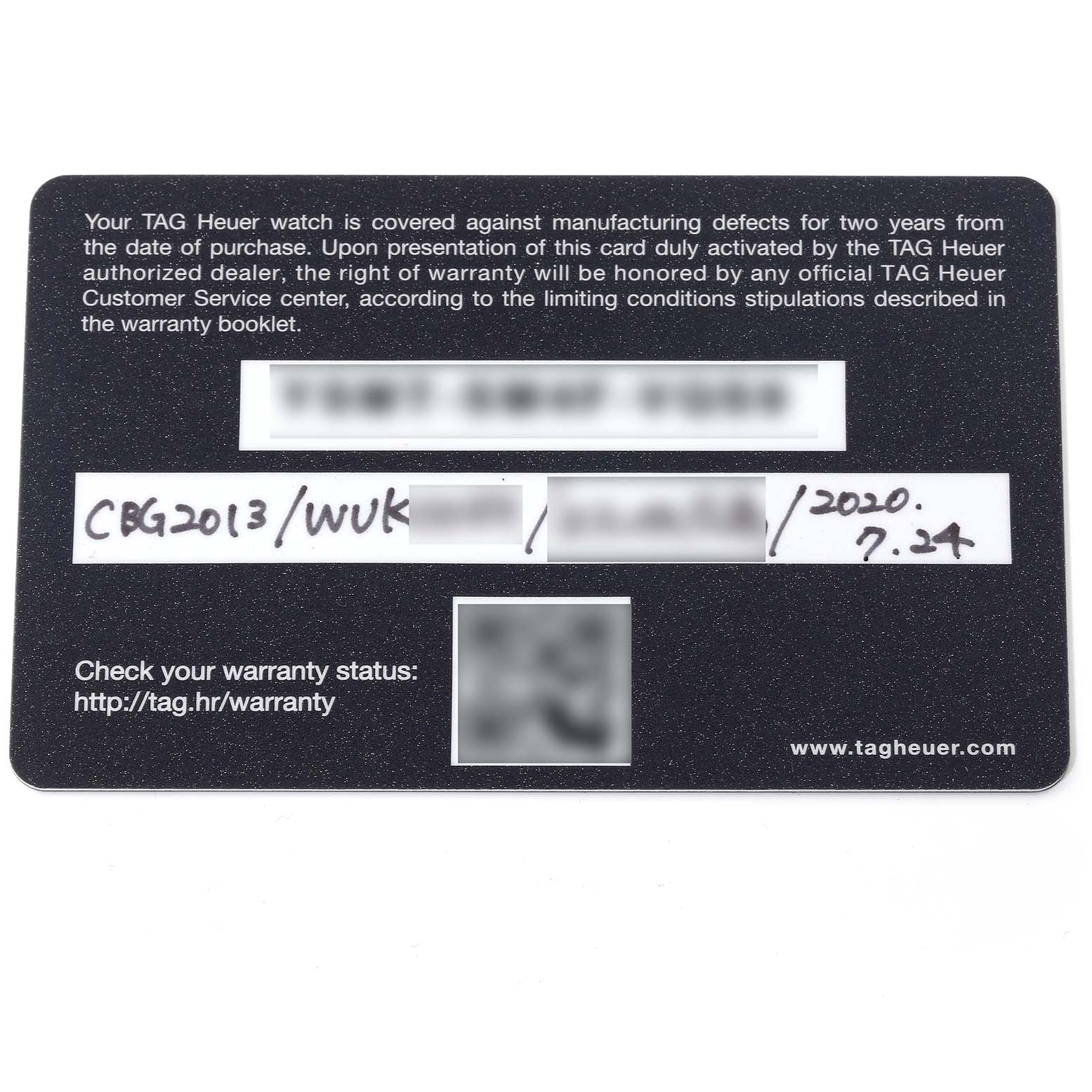 This image shows the warranty card for the Tag Heuer Carrera CBG2013.BA0657 Men's Stainless Steel Black Dial CBG2013.BA0657 Men's Stainless Steel Black Dial model watch, viewed from a top-down angle.