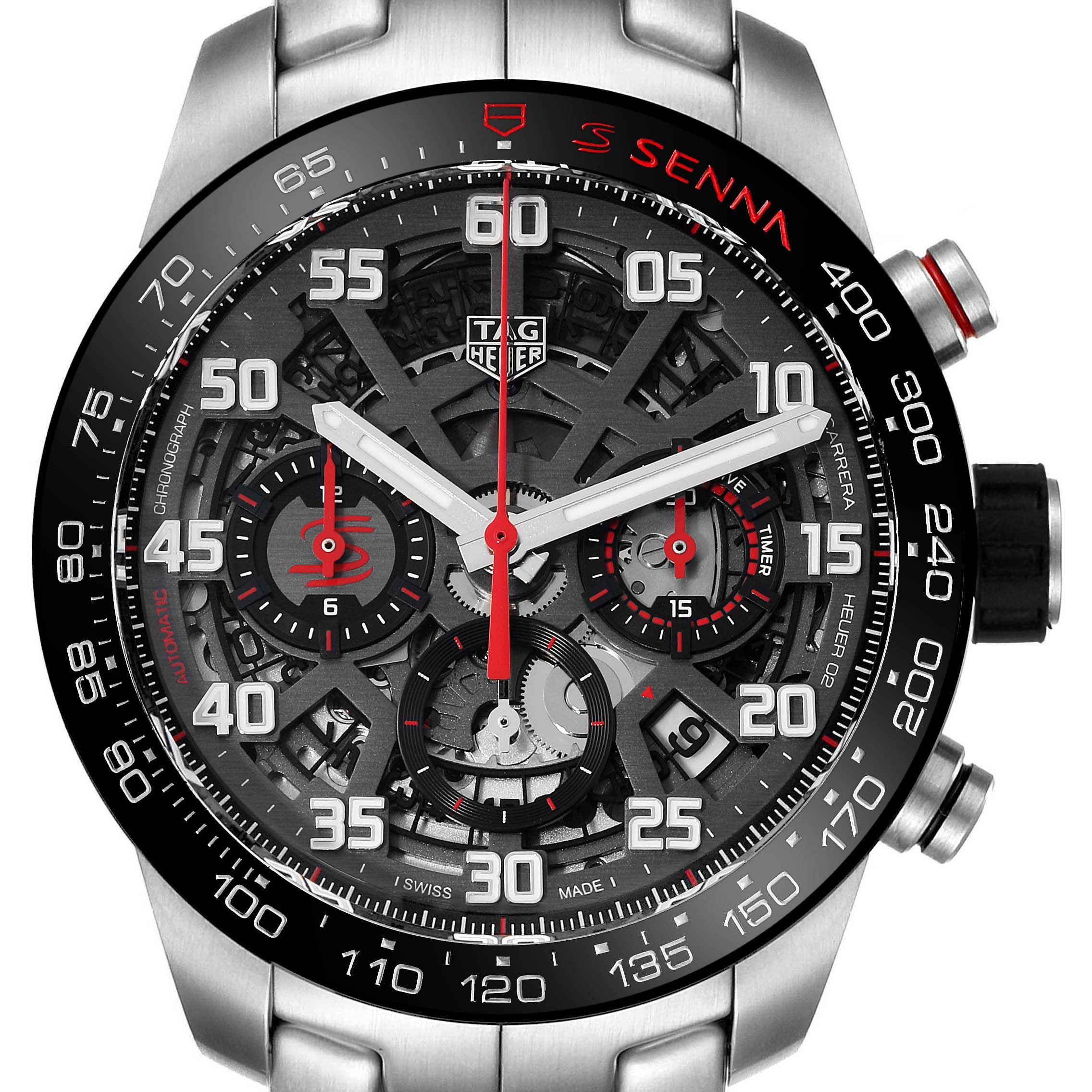 The Tag Heuer Carrera CBG2013.BA0657 Men's Stainless Steel Black Dial CBG2013.BA0657 Men's Stainless Steel Black Dial watch is shown from the top view, highlighting the dial, case, and chronograph subdials.