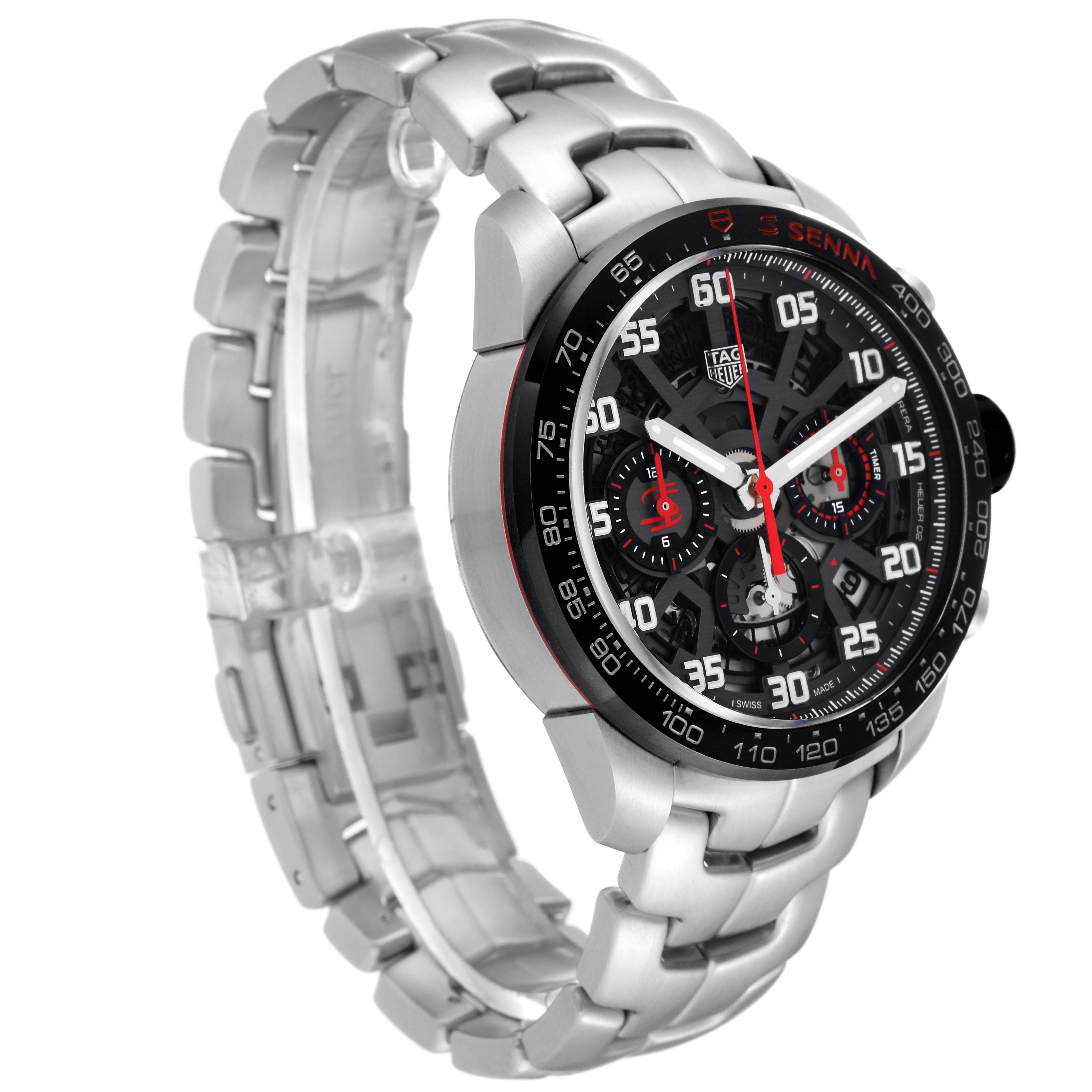 The image shows a Tag Heuer Carrera CBG2013.BA0657 Men's Stainless Steel Black Dial CBG2013.BA0657 Men's Stainless Steel Black Dial watch at a slight angle, displaying its face, bezel, and part of the metal bracelet.