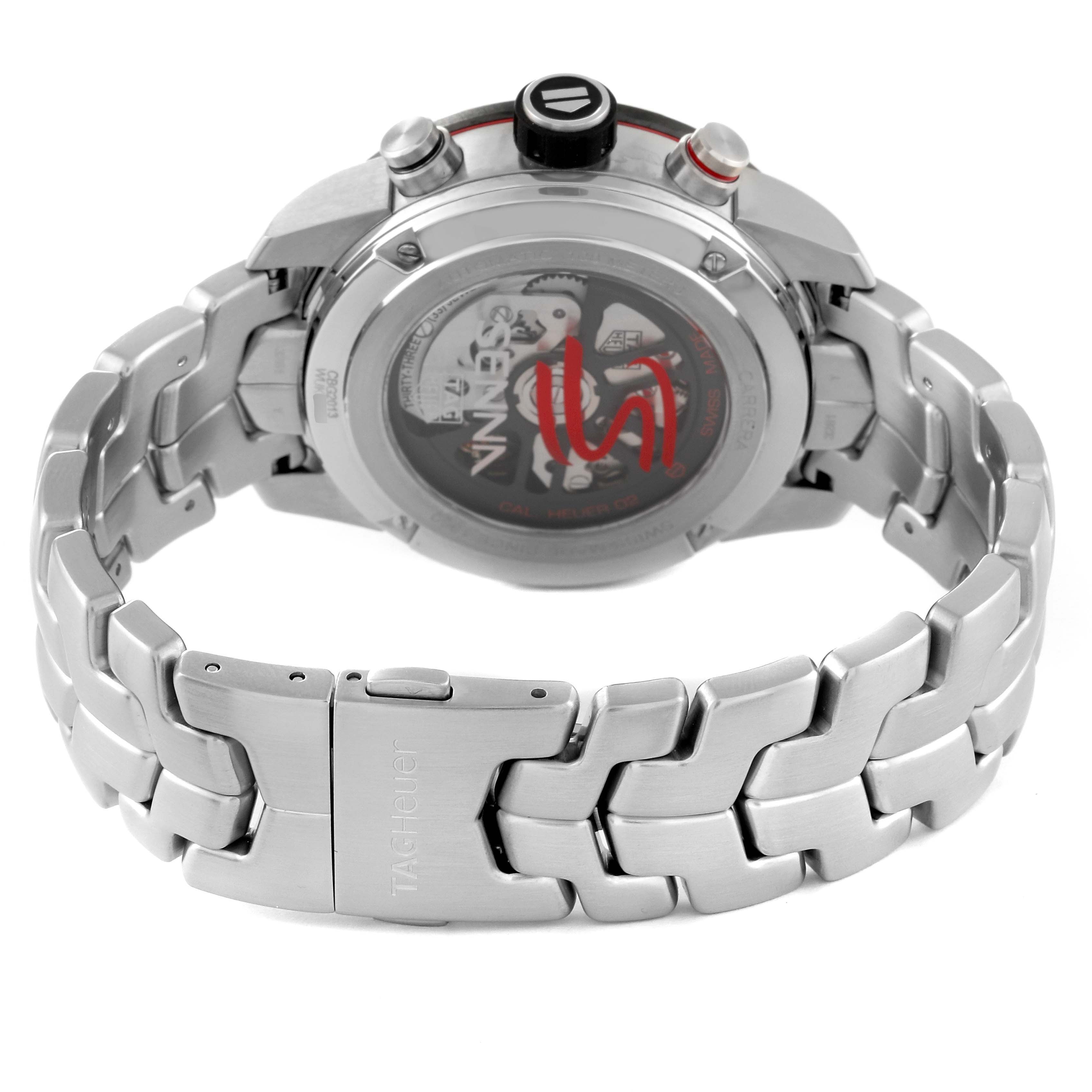 The image shows the back view of a Tag Heuer Carrera CBG2013.BA0657 Men's Stainless Steel Black Dial CBG2013.BA0657 Men's Stainless Steel Black Dial watch, highlighting the case back and stainless steel bracelet.