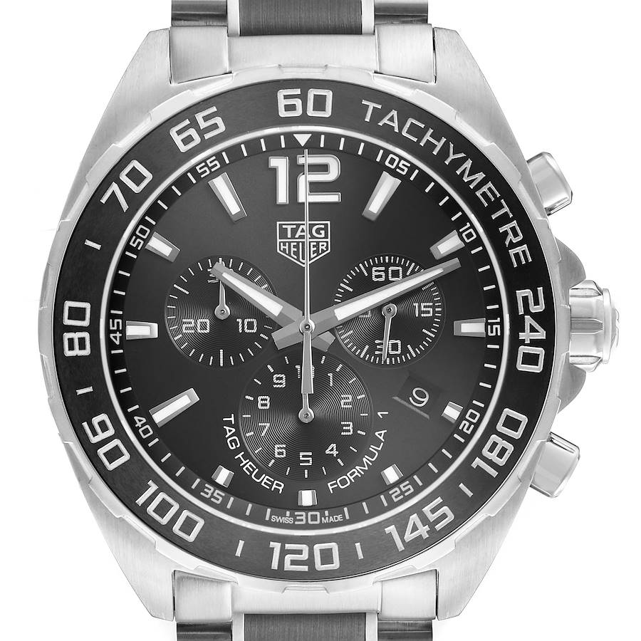 The Tag Heuer Formula 1 CAZ1011.BA0843 Men's Stainless Steel Black Dial watch is shown from a front angle, highlighting the dial, subdials, and tachymeter bezel.