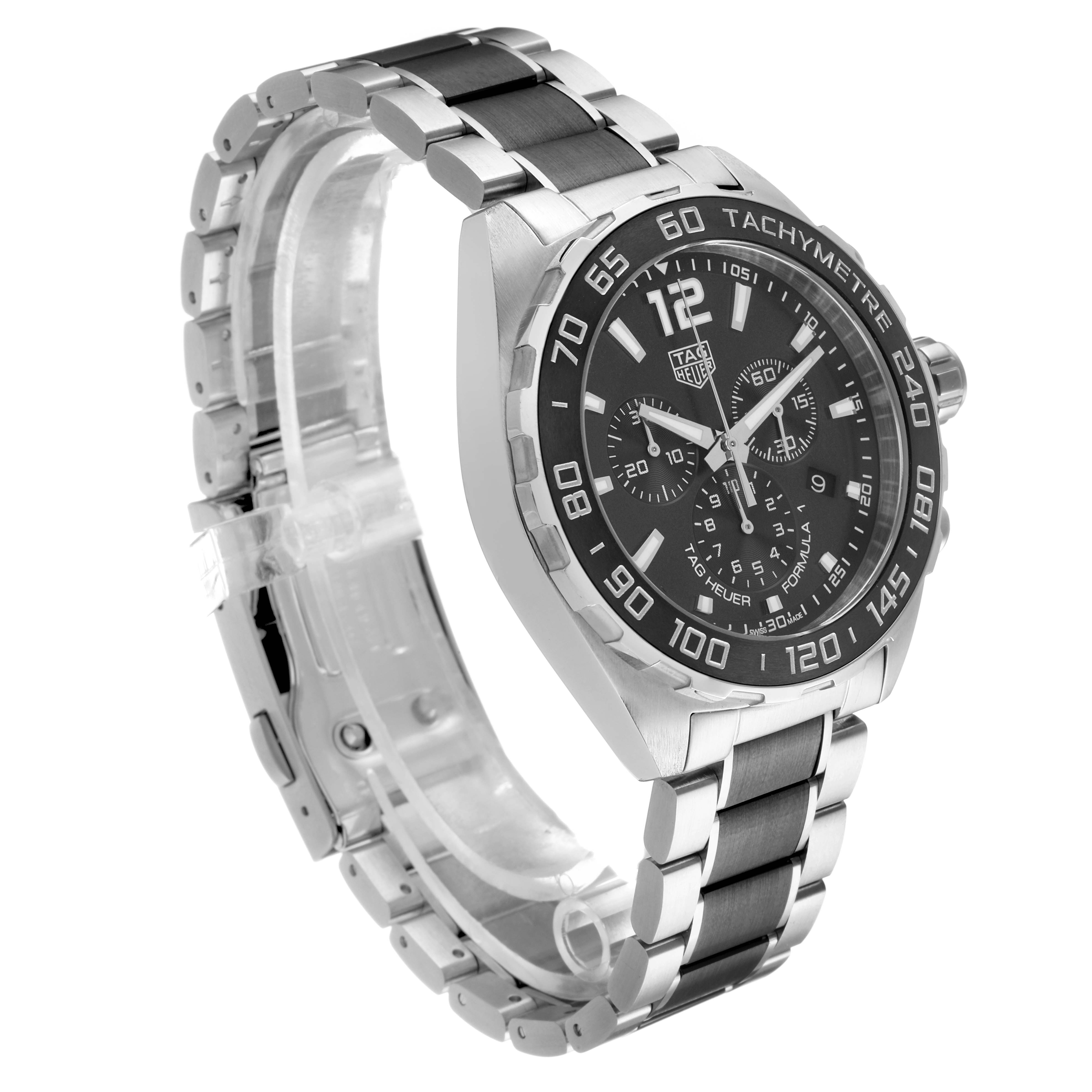 The image shows a side view of the Tag Heuer Formula 1 CAZ1011.BA0843 Men's Stainless Steel Black Dial watch, highlighting the bezel, dial, and bracelet.