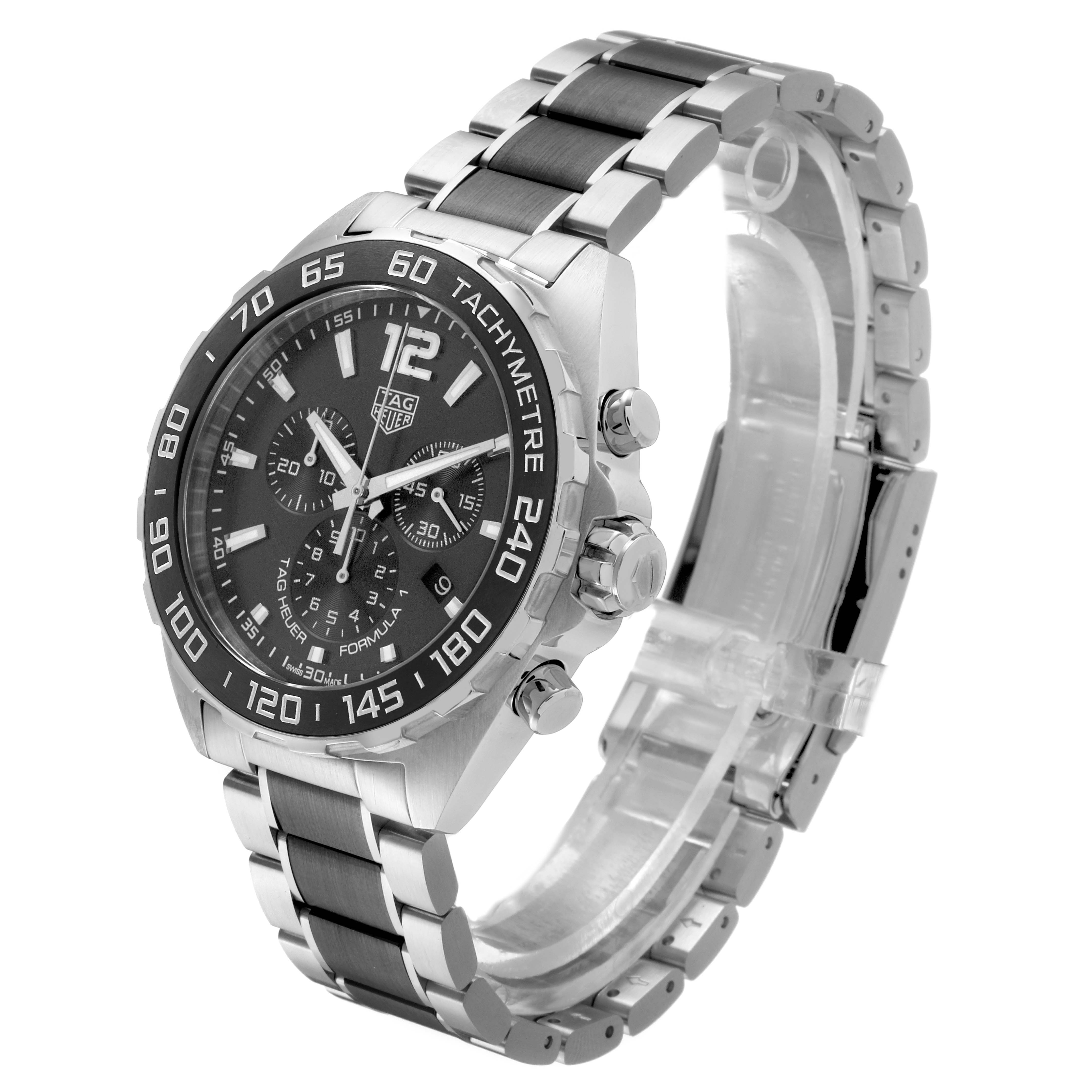 The Tag Heuer Formula 1 CAZ1011.BA0843 Men's Stainless Steel Black Dial watch is shown at a three-quarter angle, revealing the face, bezel, crown, pushers, and bracelet.