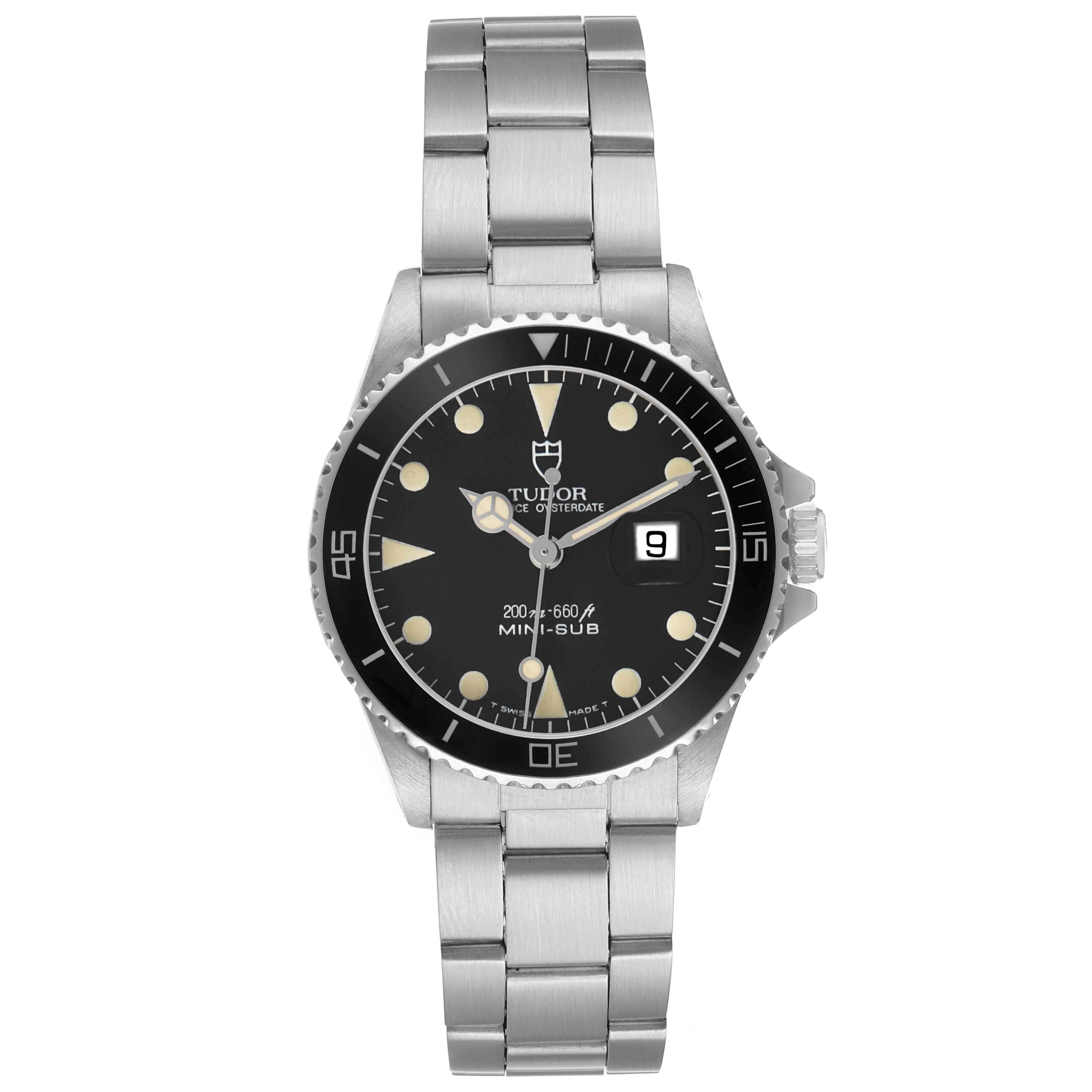 The Tudor Prince 73090 Men's Stainless Steel Black Dial watch is shown from the front, displaying the dial, bezel, crown, and bracelet.