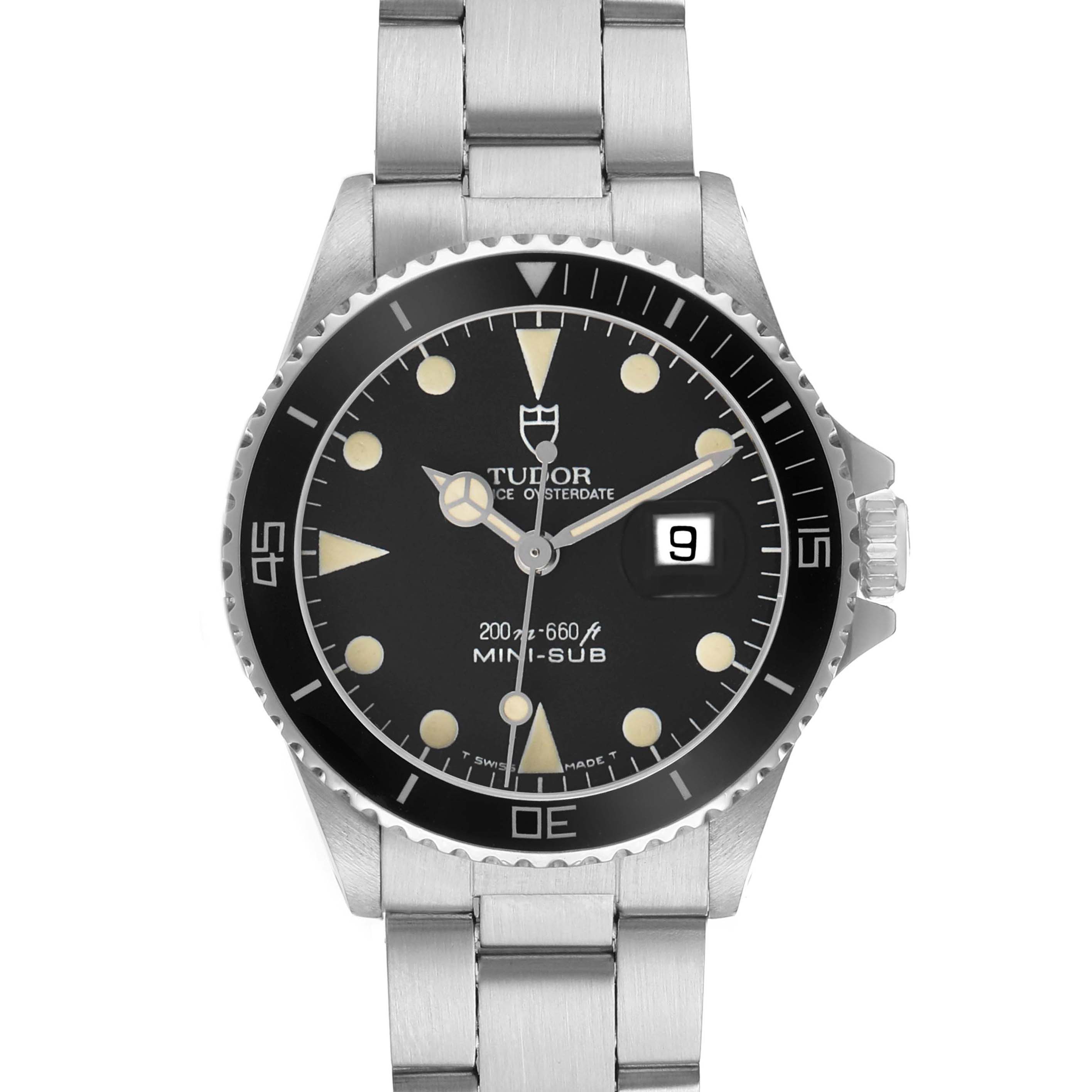 The Tudor Prince 73090 Men's Stainless Steel Black Dial watch is shown from a front angle, displaying its dial, bezel, crown, and bracelet.
