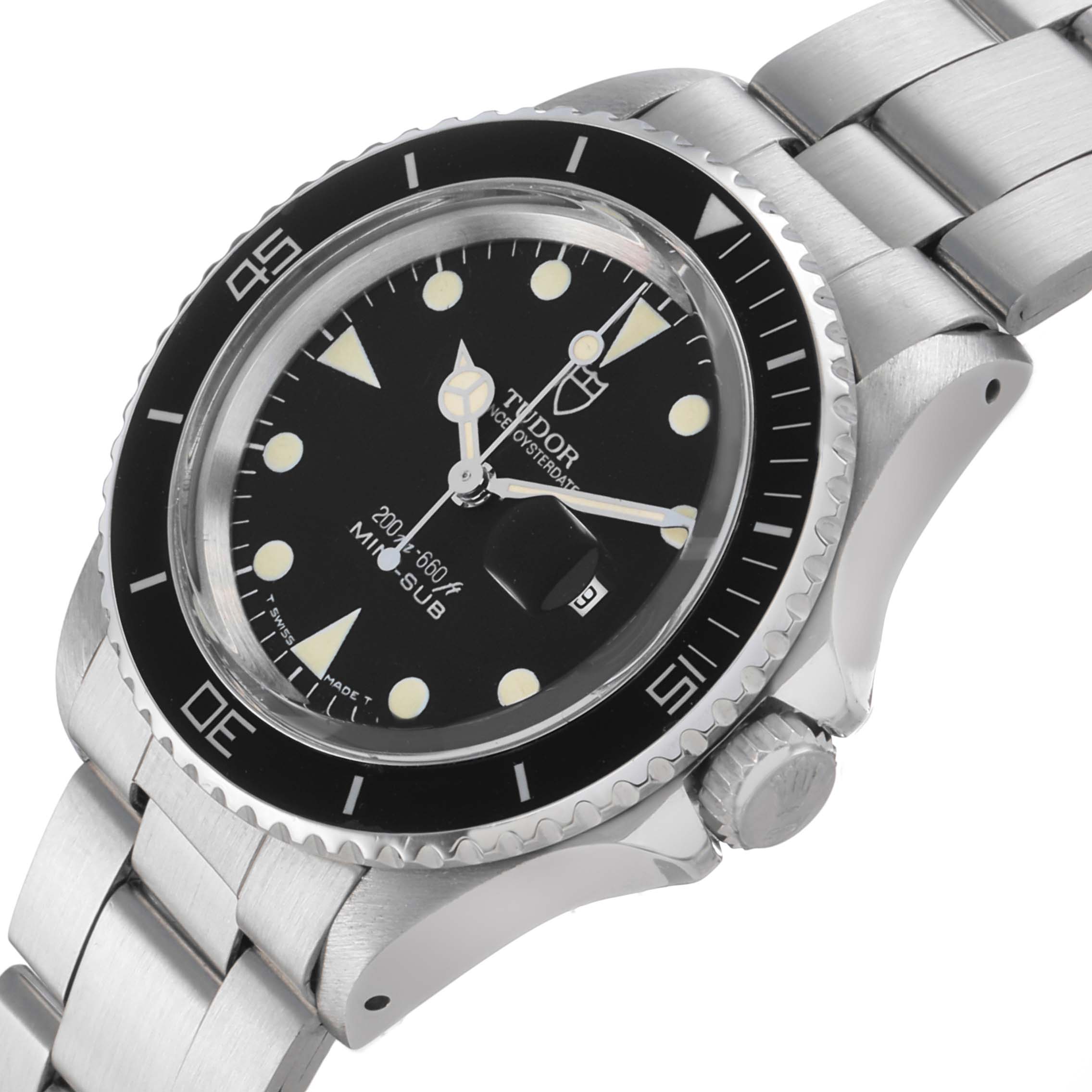 The Tudor Prince 73090 Men's Stainless Steel Black Dial watch is shown at a three-quarter angle, displaying the bezel, crown, dial, and bracelet.