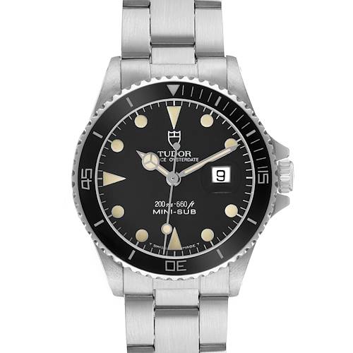The Tudor Prince 73090 Men's Stainless Steel Black Dial model is shown from a front angle, displaying the dial, bezel, bracelet, and crown.