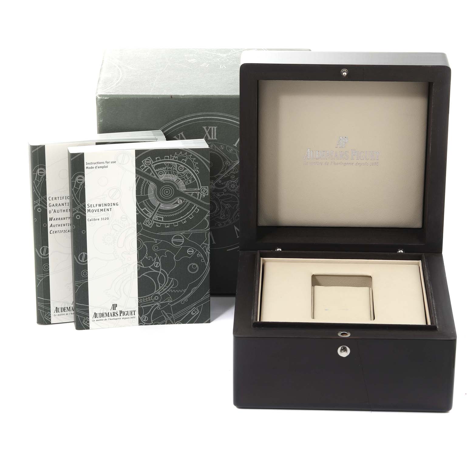 This image shows the box and documentation for a Royal Oak model by Audemars Piguet.