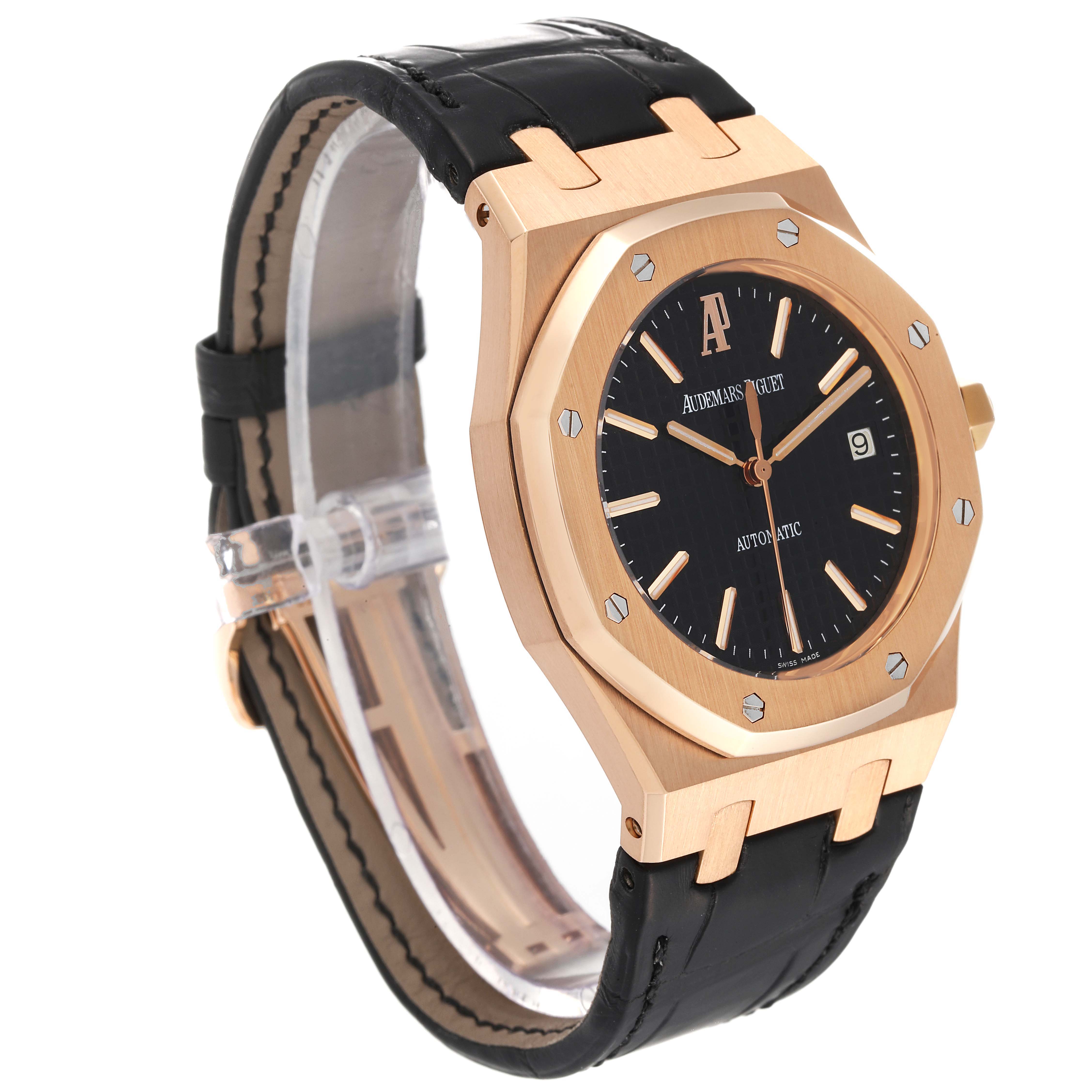 This image shows a side angle of the Audemars Piguet Royal Oak 15300OR.OO.D002CR.01 Men's Rose Gold Black Dial 15300OR.OO.D002CR.01 Men's Rose Gold Black Dial watch, highlighting its case, dial, bezel, and leather strap.