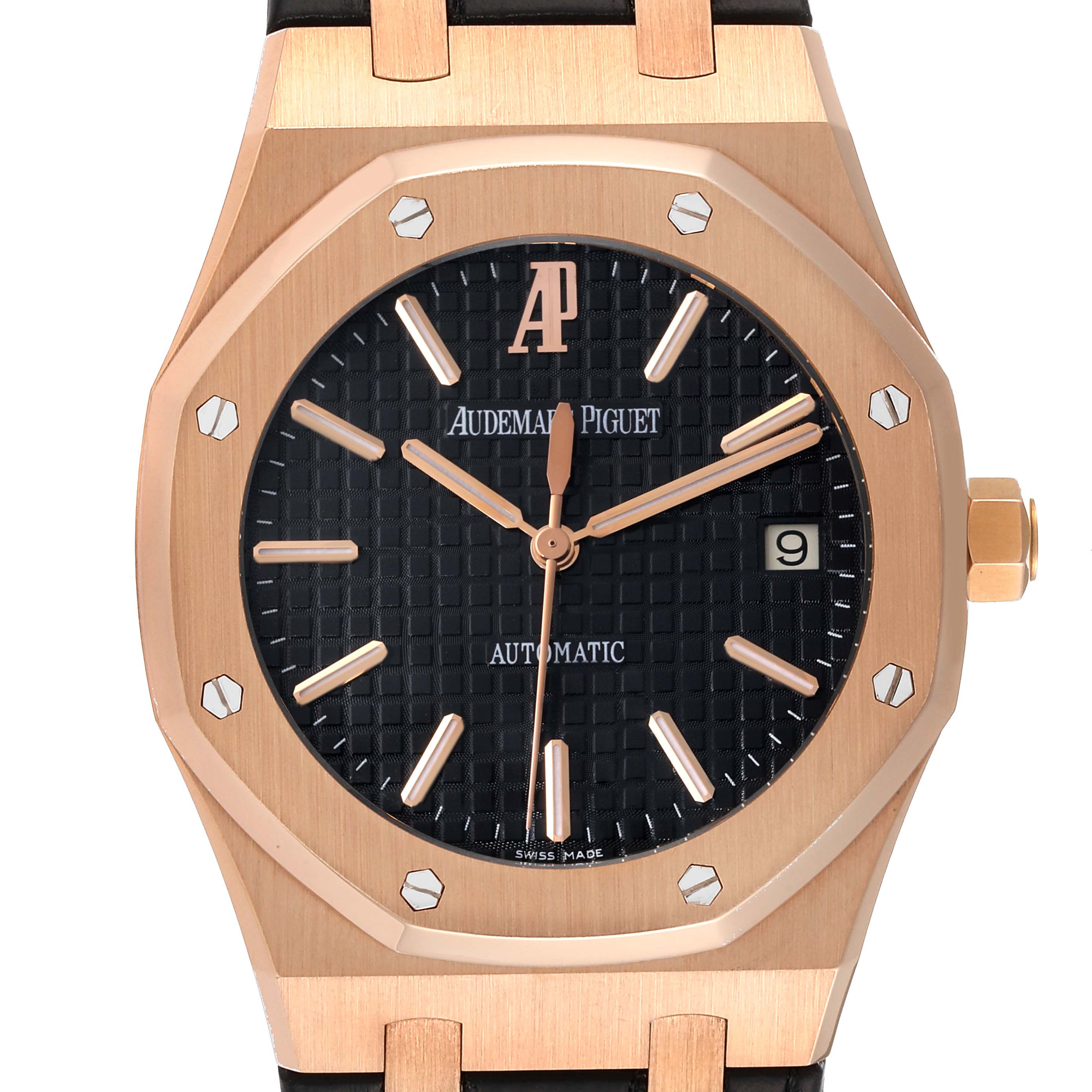 The image shows a frontal view of an Audemars Piguet Royal Oak 15300OR.OO.D002CR.01 Men's Rose Gold Black Dial 15300OR.OO.D002CR.01 Men's Rose Gold Black Dial watch, featuring its dial, crown, and part of the strap.