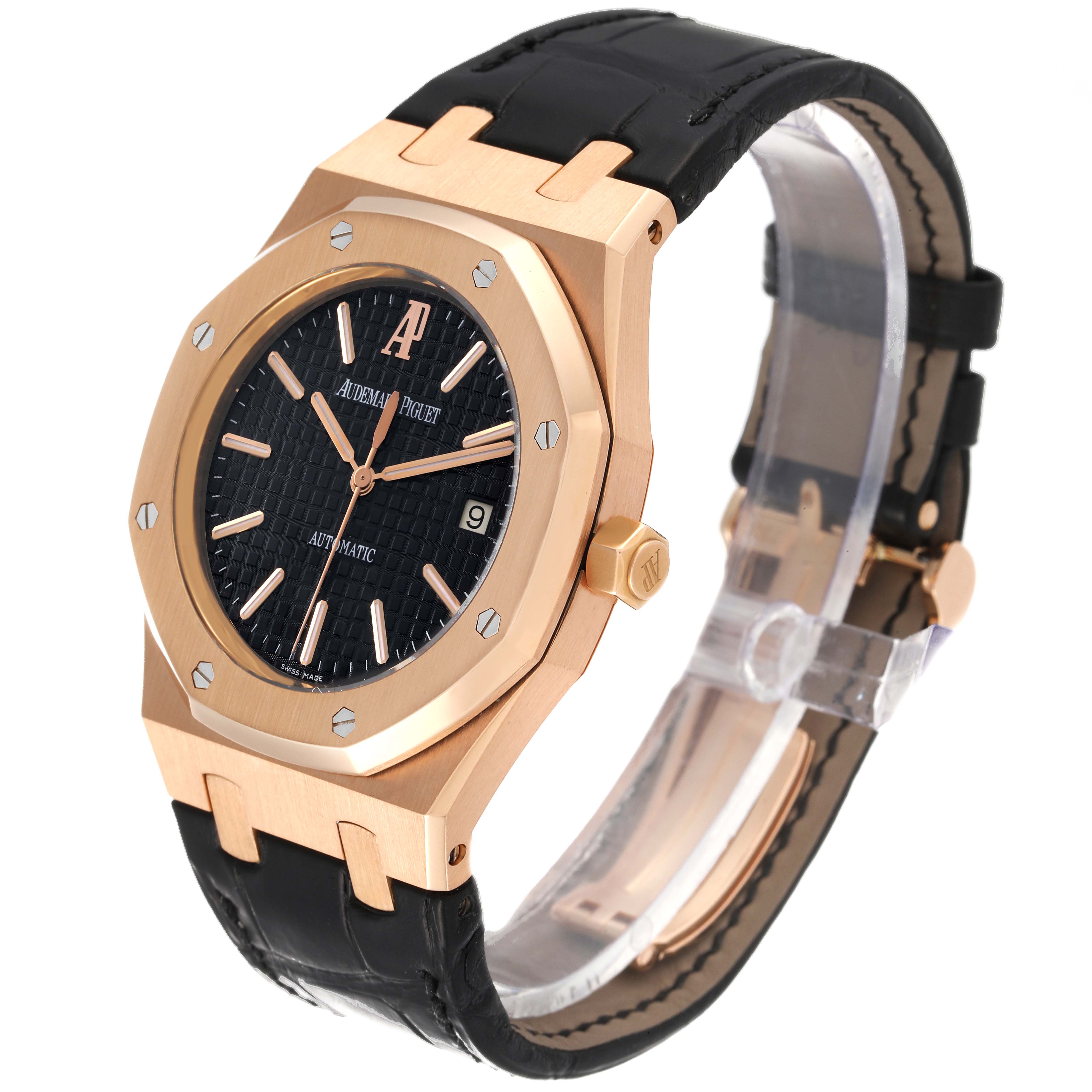The Audemars Piguet Royal Oak 15300OR.OO.D002CR.01 Men's Rose Gold Black Dial 15300OR.OO.D002CR.01 Men's Rose Gold Black Dial watch is angled slightly to the right, showing the face, crown, and part of its leather strap.