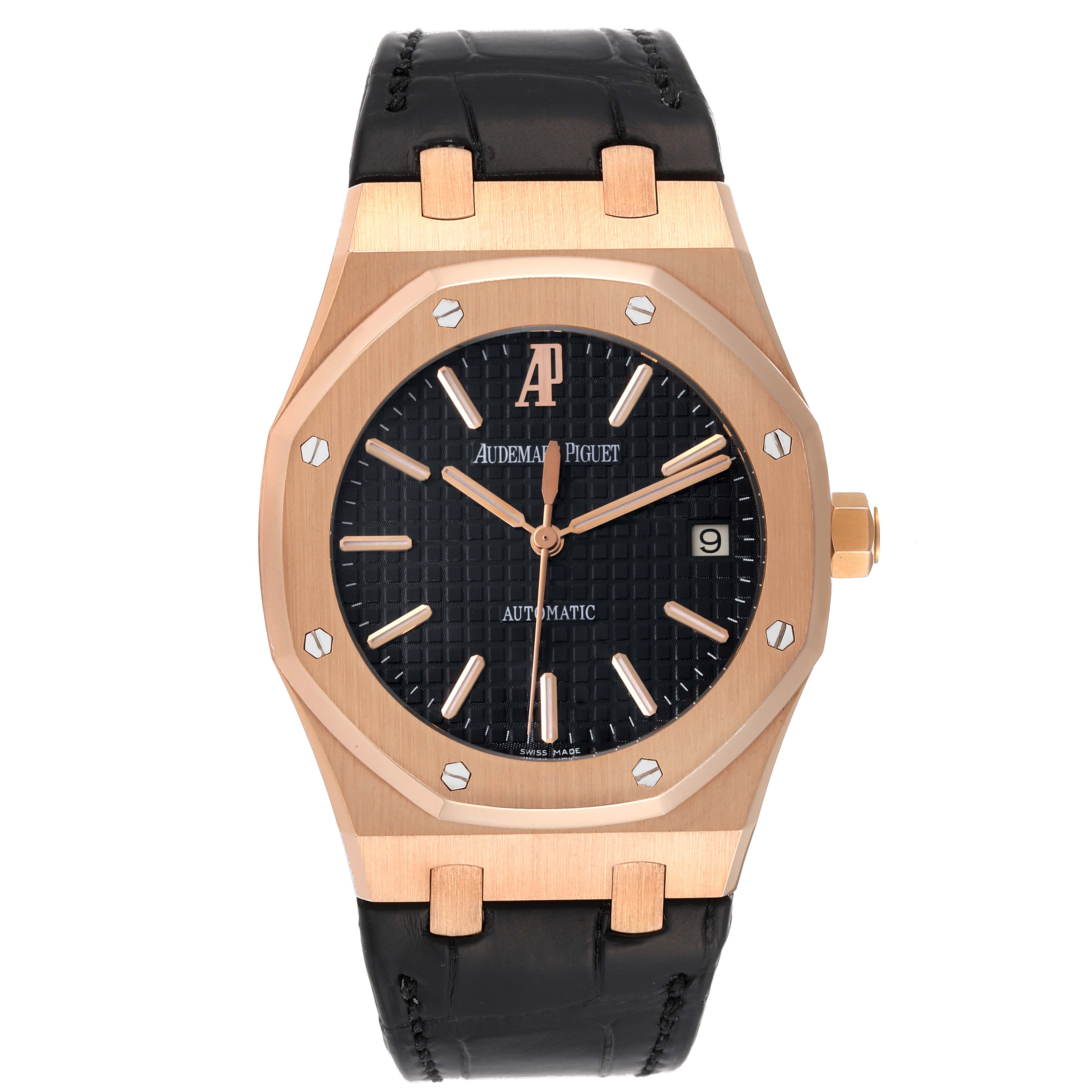 The image shows a front view of an Audemars Piguet Royal Oak 15300OR.OO.D002CR.01 Men's Rose Gold Black Dial 15300OR.OO.D002CR.01 Men's Rose Gold Black Dial watch, highlighting the face, hands, date, bezel, and strap.