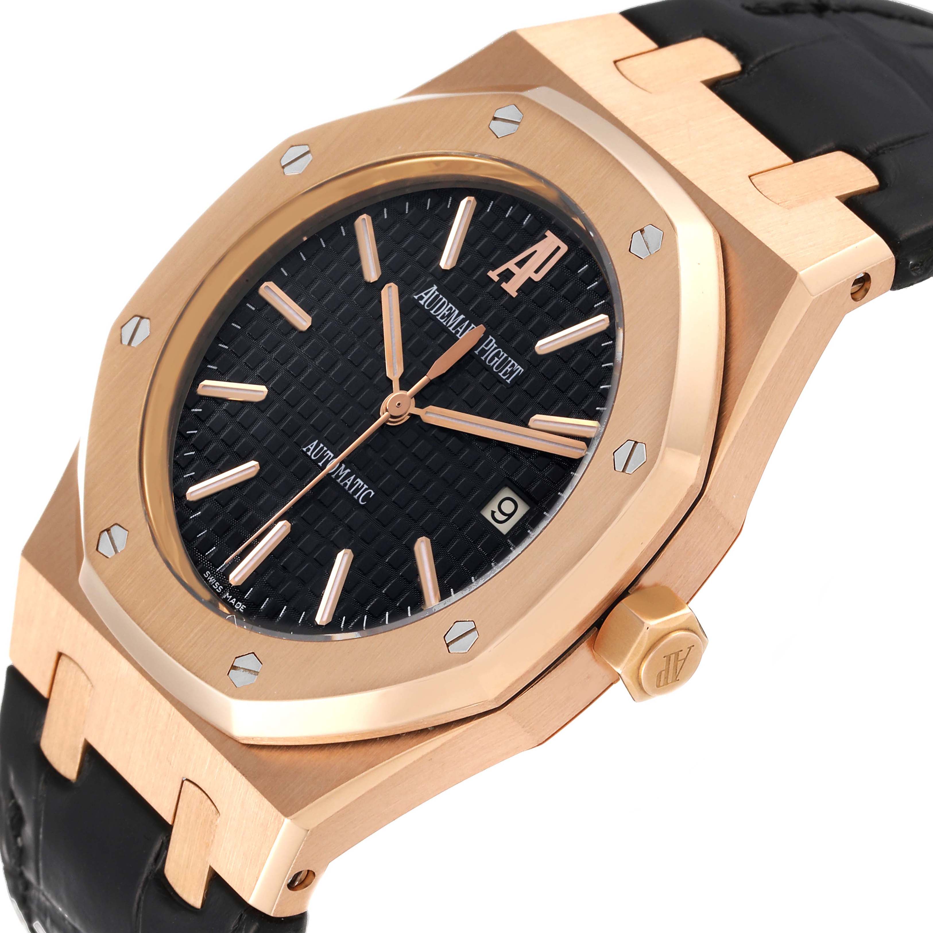 The image shows a close-up angle of the Audemars Piguet Royal Oak 15300OR.OO.D002CR.01 Men's Rose Gold Black Dial 15300OR.OO.D002CR.01 Men's Rose Gold Black Dial watch, highlighting its face, bezel, and part of the leather strap.