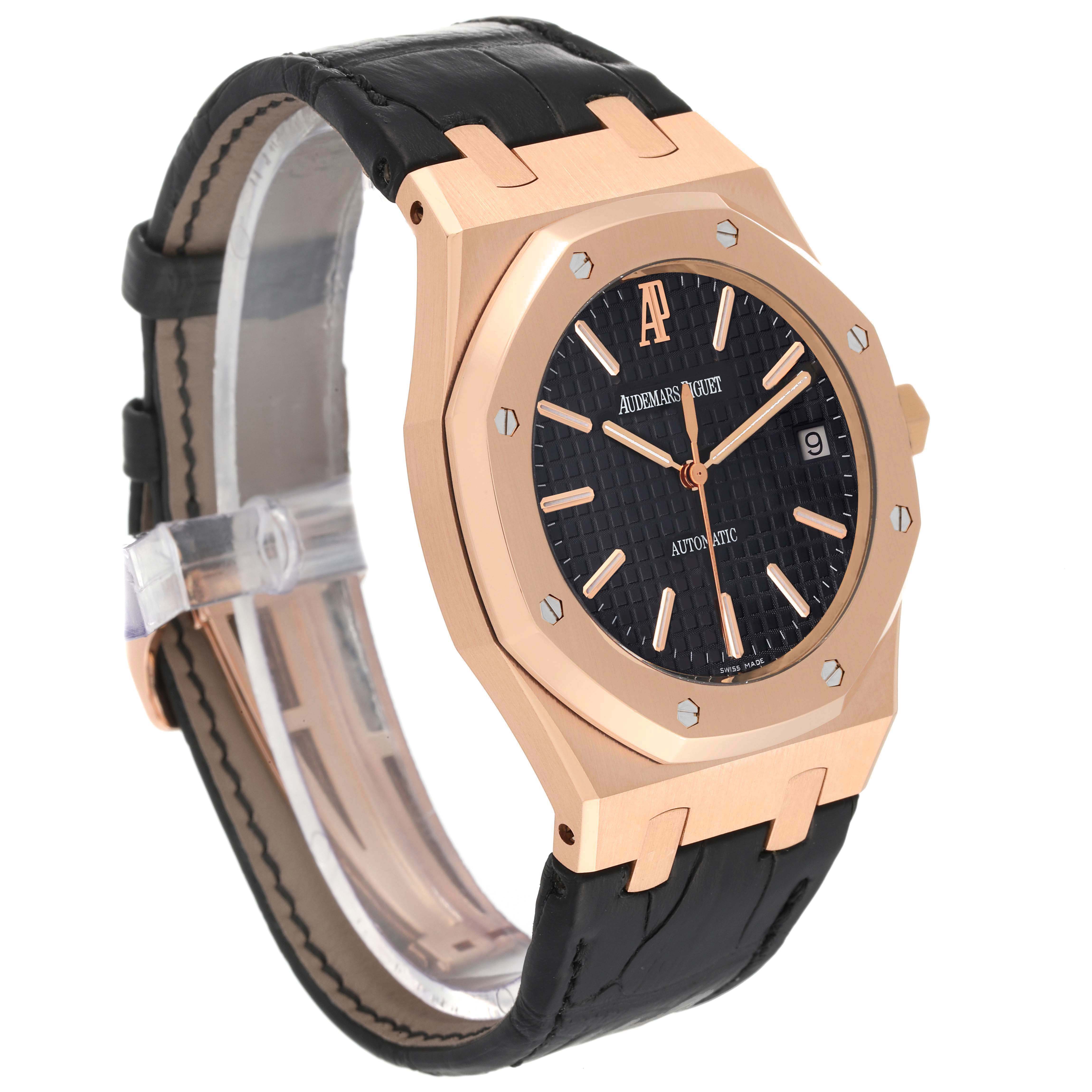The image shows a side angle view of the Audemars Piguet Royal Oak 15300OR.OO.D002CR.01 Men
s Rose Gold Black Dial 15300OR.OO.D002CR.01 Men
s Rose Gold Black Dial watch, highlighting the case, black dial, and leather strap.