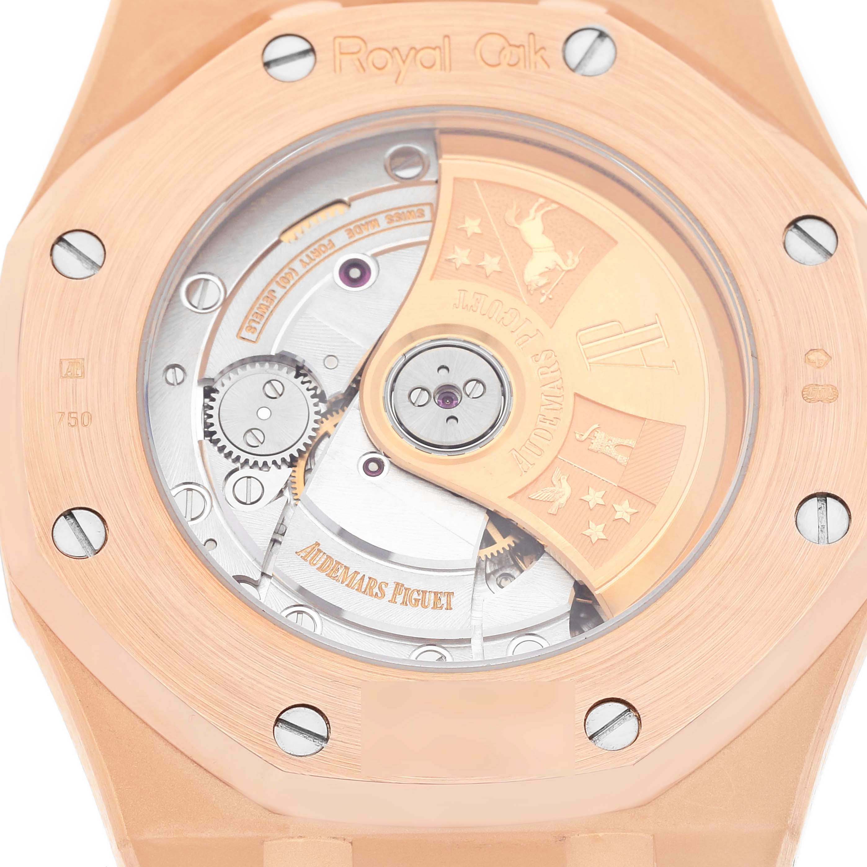 The image shows a close-up of the caseback of an Audemars Piguet Royal Oak 15300OR.OO.D002CR.01 Men
s Rose Gold Black Dial 15300OR.OO.D002CR.01 Men
s Rose Gold Black Dial watch, revealing its intricate movement.