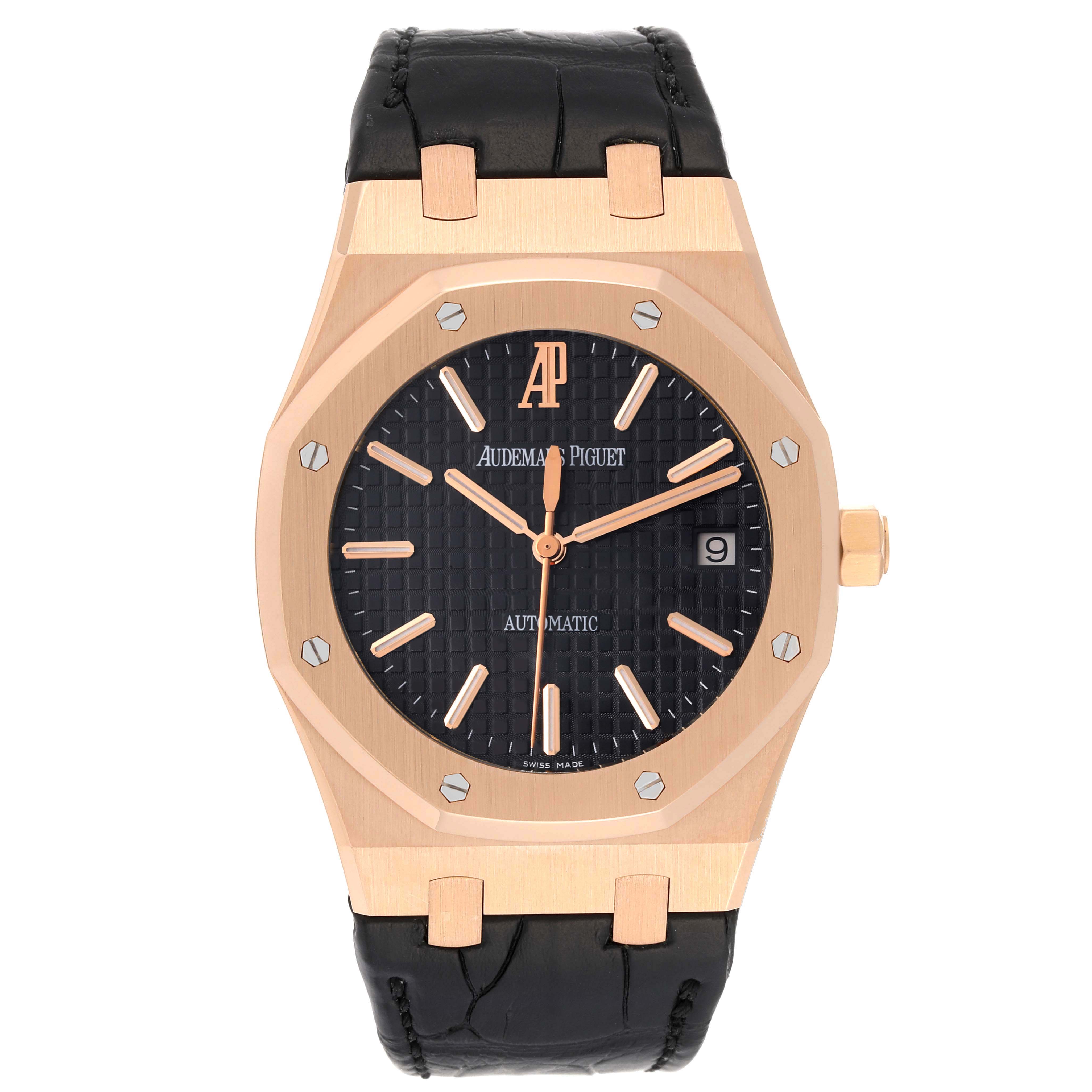 This image shows the front view of the Audemars Piguet Royal Oak 15300OR.OO.D002CR.01 Men
s Rose Gold Black Dial 15300OR.OO.D002CR.01 Men
s Rose Gold Black Dial watch, including the dial, case, and part of the leather strap.