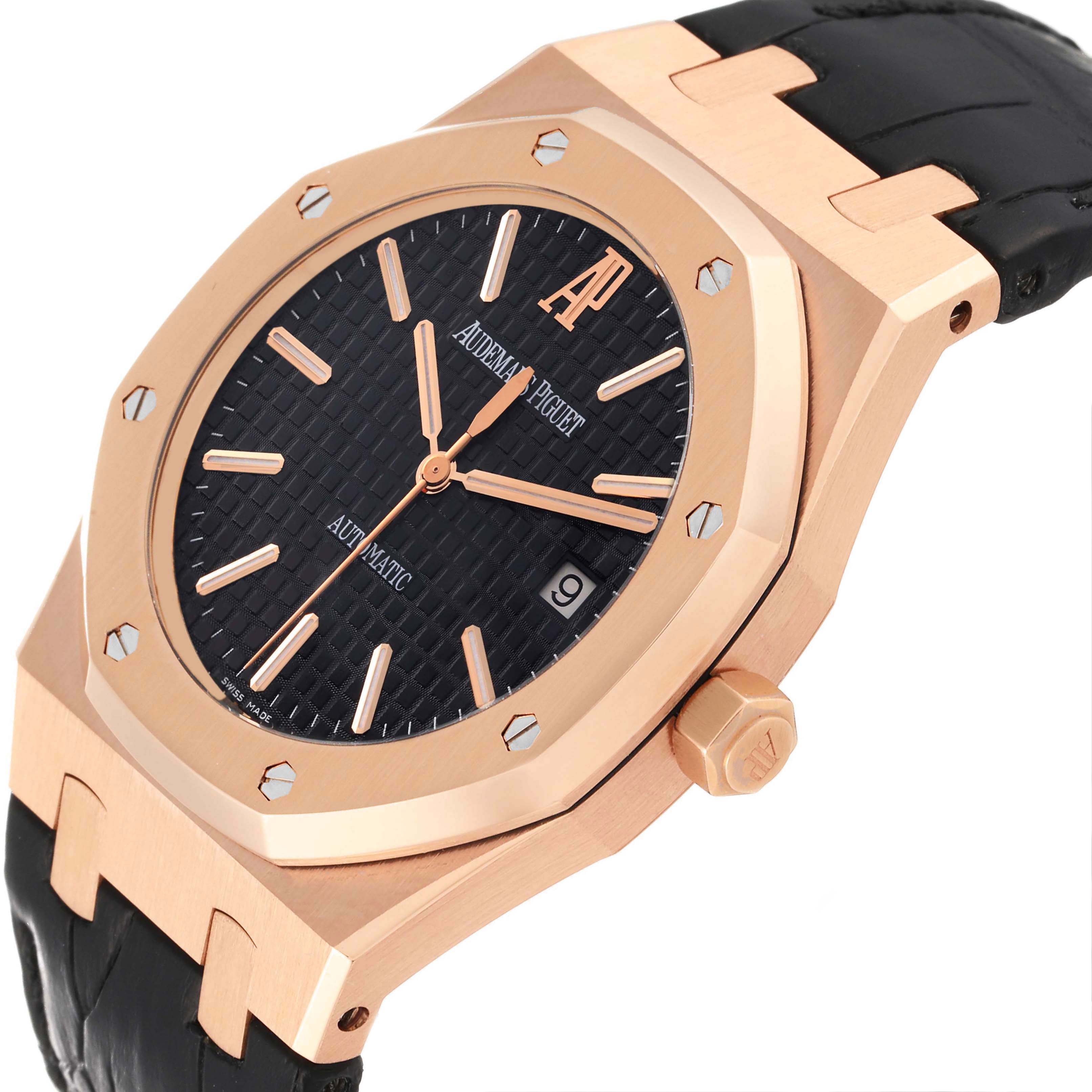 This image shows a close-up angle of the Audemars Piguet Royal Oak 15300OR.OO.D002CR.01 Men
s Rose Gold Black Dial 15300OR.OO.D002CR.01 Men
s Rose Gold Black Dial watch, highlighting the case, bezel, dial, and part of the strap.