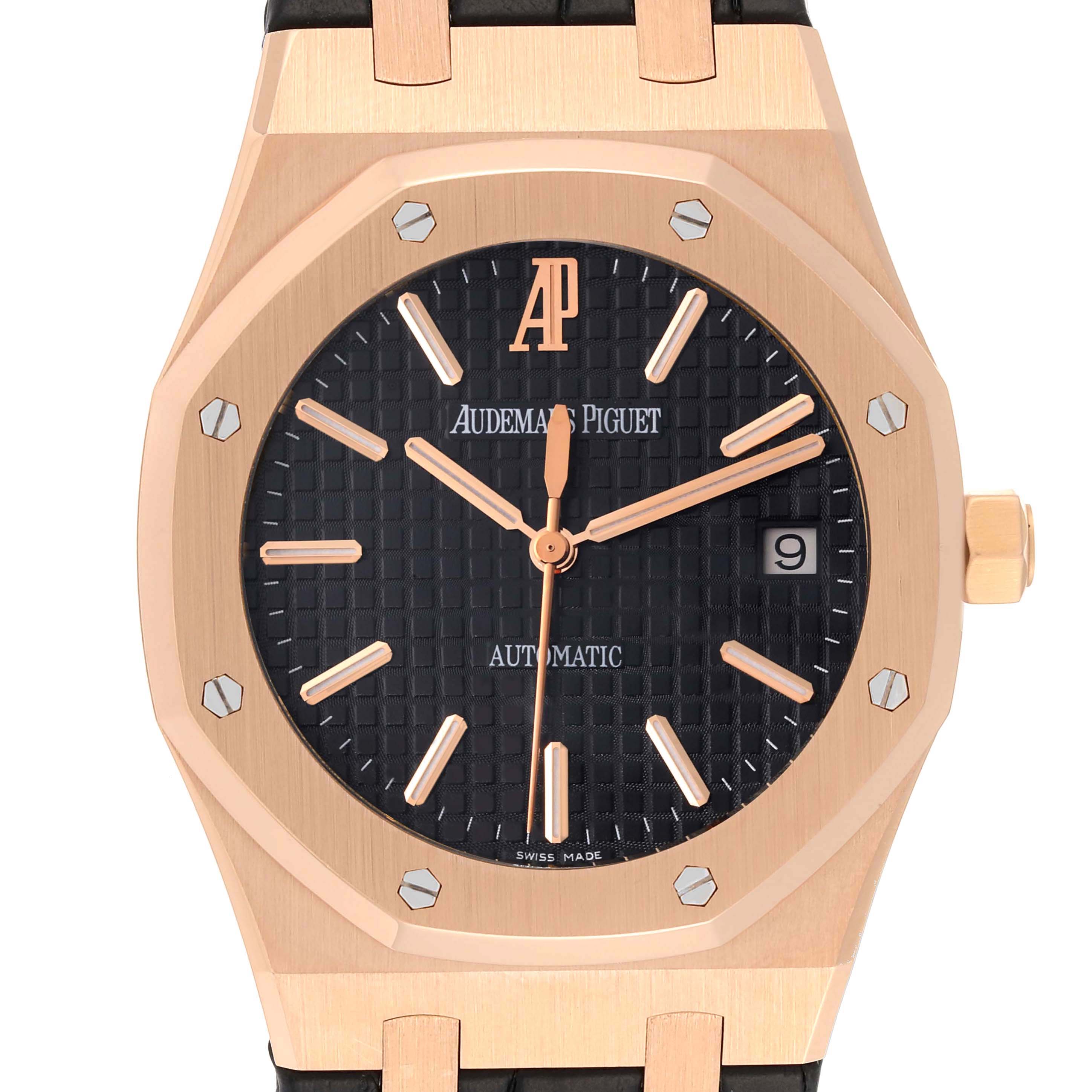 This image shows a front view of the Audemars Piguet Royal Oak 15300OR.OO.D002CR.01 Men
s Rose Gold Black Dial 15300OR.OO.D002CR.01 Men
s Rose Gold Black Dial watch, highlighting its dial, bezel, and crown.