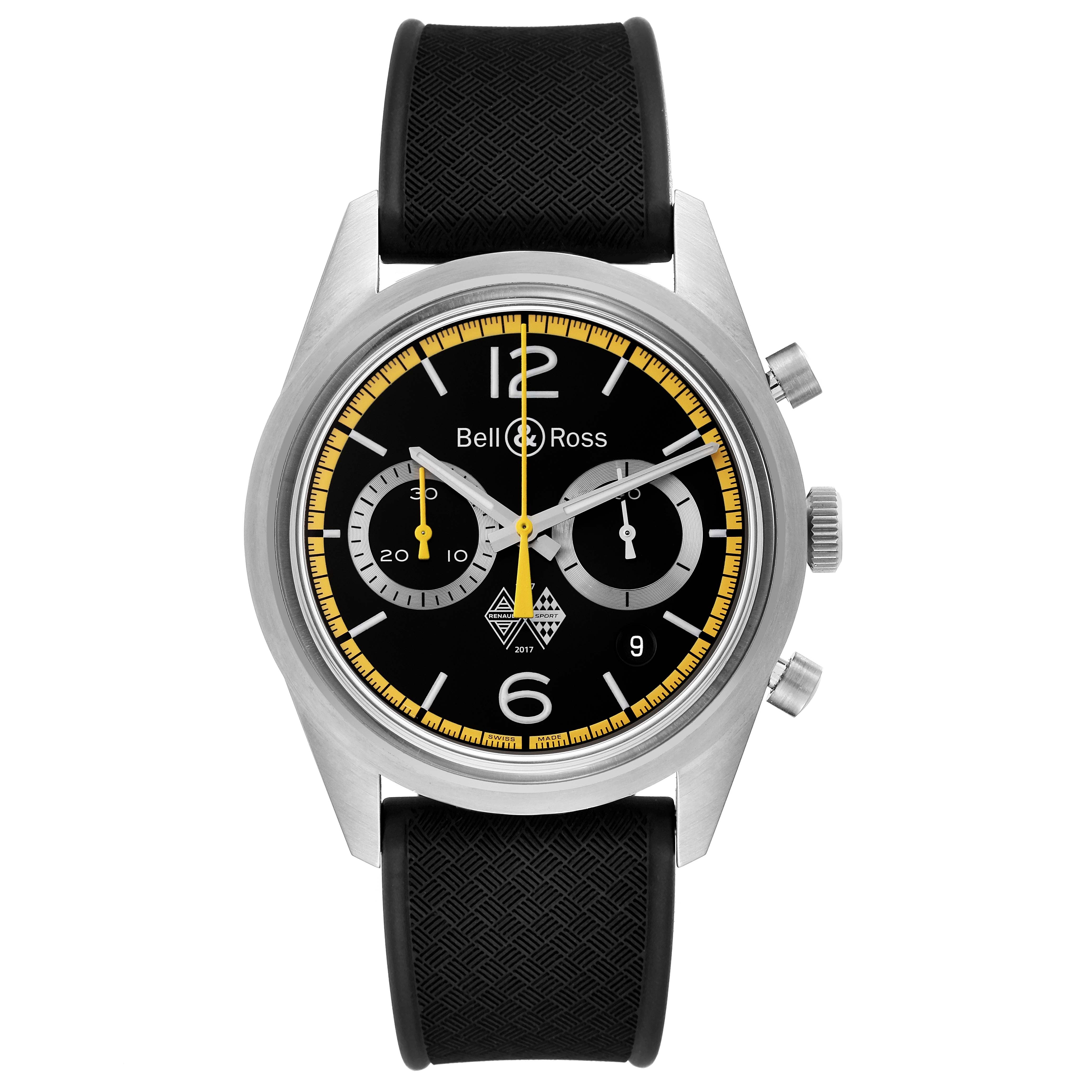 The Bell 
Ross Heritage BRV126-RS40-ST Men
s Stainless Steel Black Dial BRV126-RS40-ST Men
s Stainless Steel Black Dial model watch is shown from a front angle, displaying its face, dials, and band.