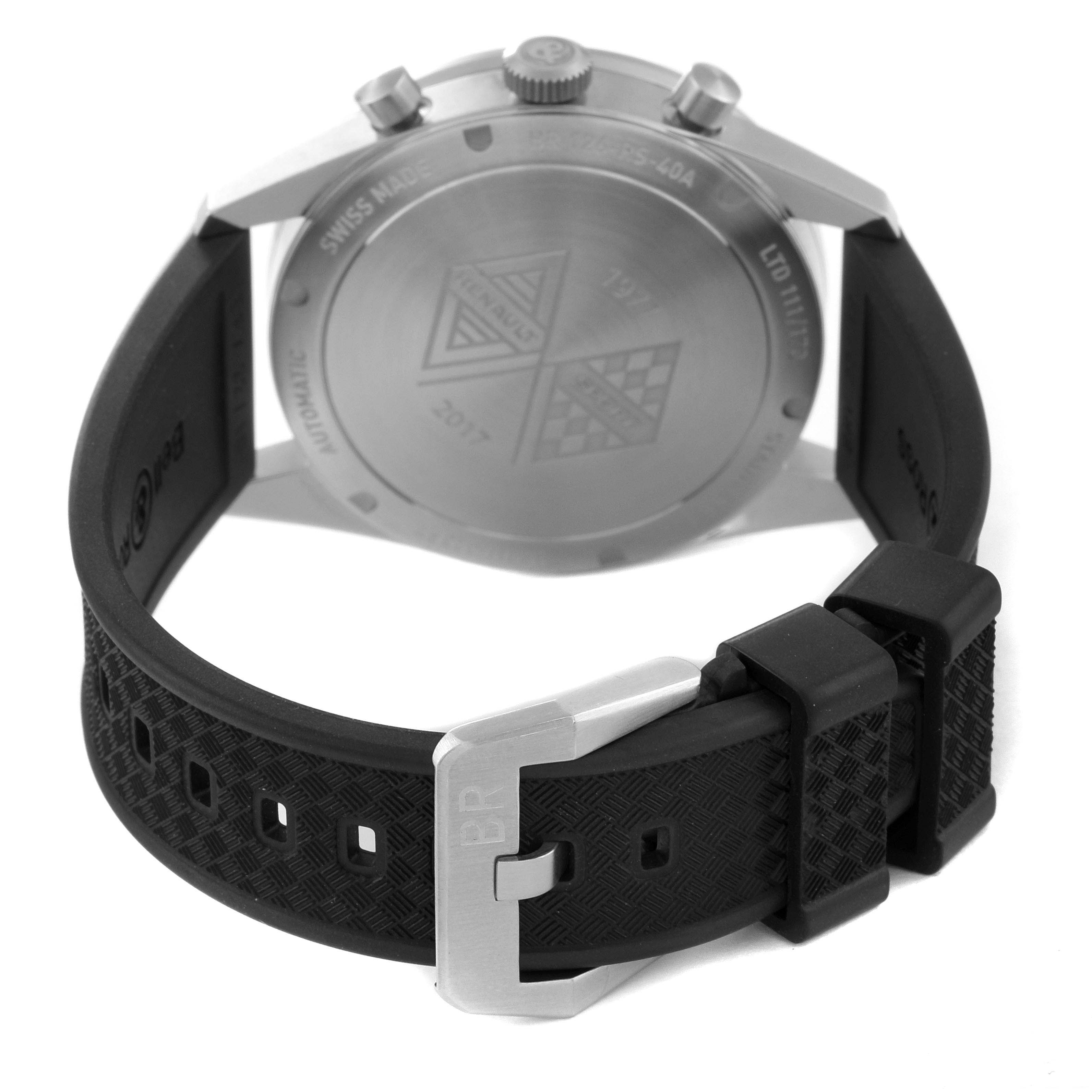 The image shows the back of the Bell 
Ross Heritage BRV126-RS40-ST Men
s Stainless Steel Black Dial BRV126-RS40-ST Men
s Stainless Steel Black Dial model watch, focusing on the case back and rubber strap with a branded metal buckle.