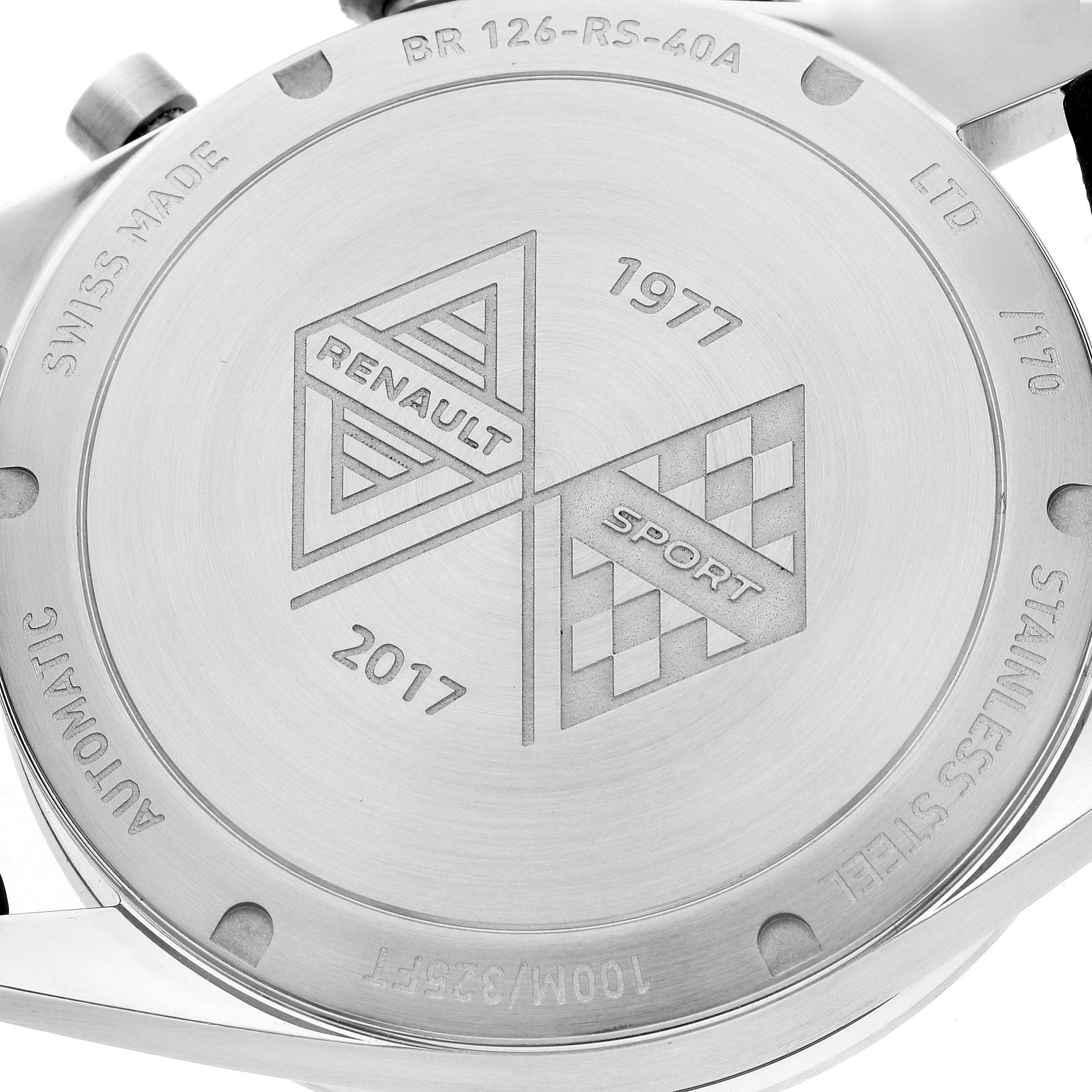 This image shows the back of the Bell 
Ross Heritage BRV126-RS40-ST Men
s Stainless Steel Black Dial BRV126-RS40-ST Men
s Stainless Steel Black Dial watch, highlighting its engraved details.