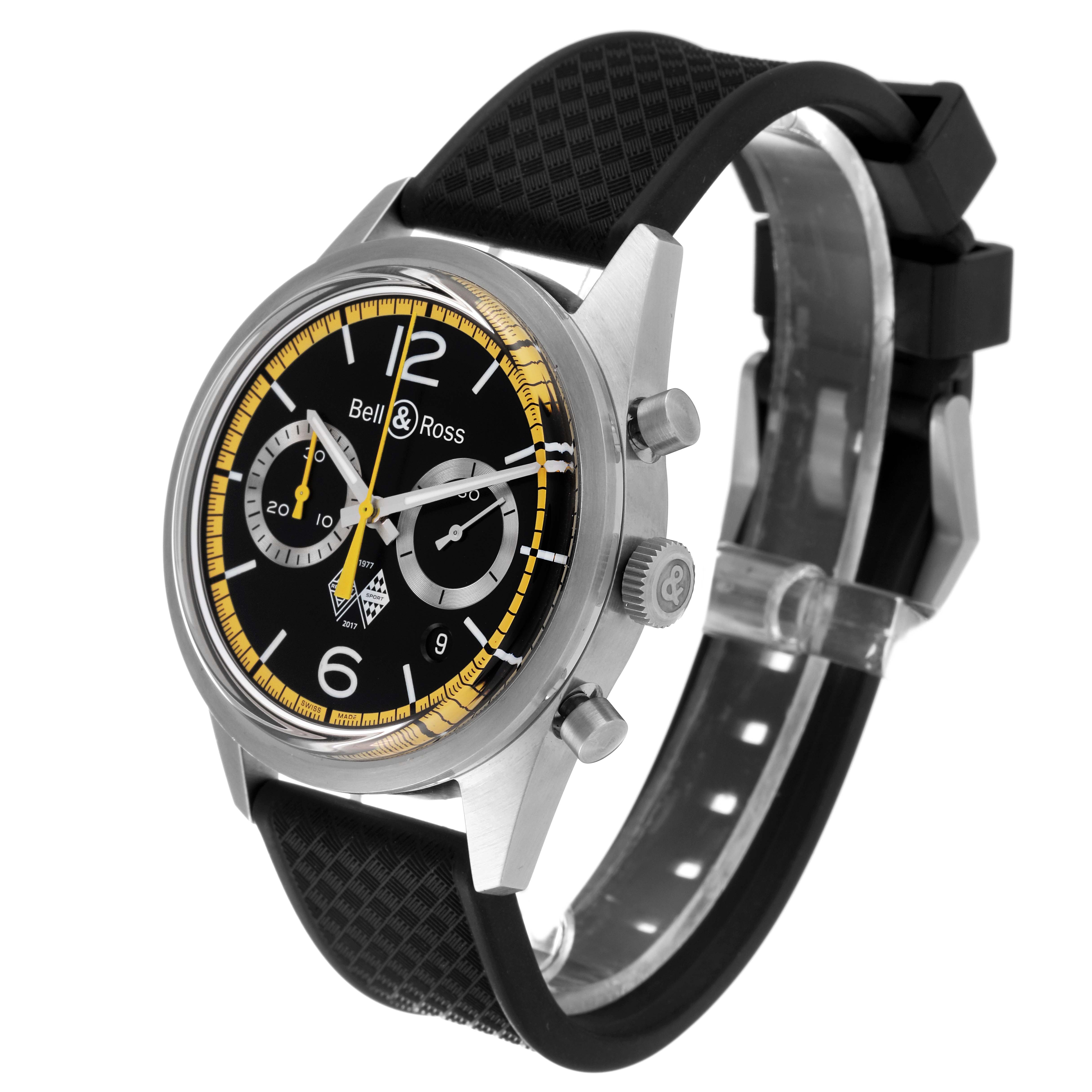 The image shows a Bell 
Ross Heritage BRV126-RS40-ST Men
s Stainless Steel Black Dial BRV126-RS40-ST Men
s Stainless Steel Black Dial model watch at a side angle, highlighting the dial, bezel, crown, and strap.