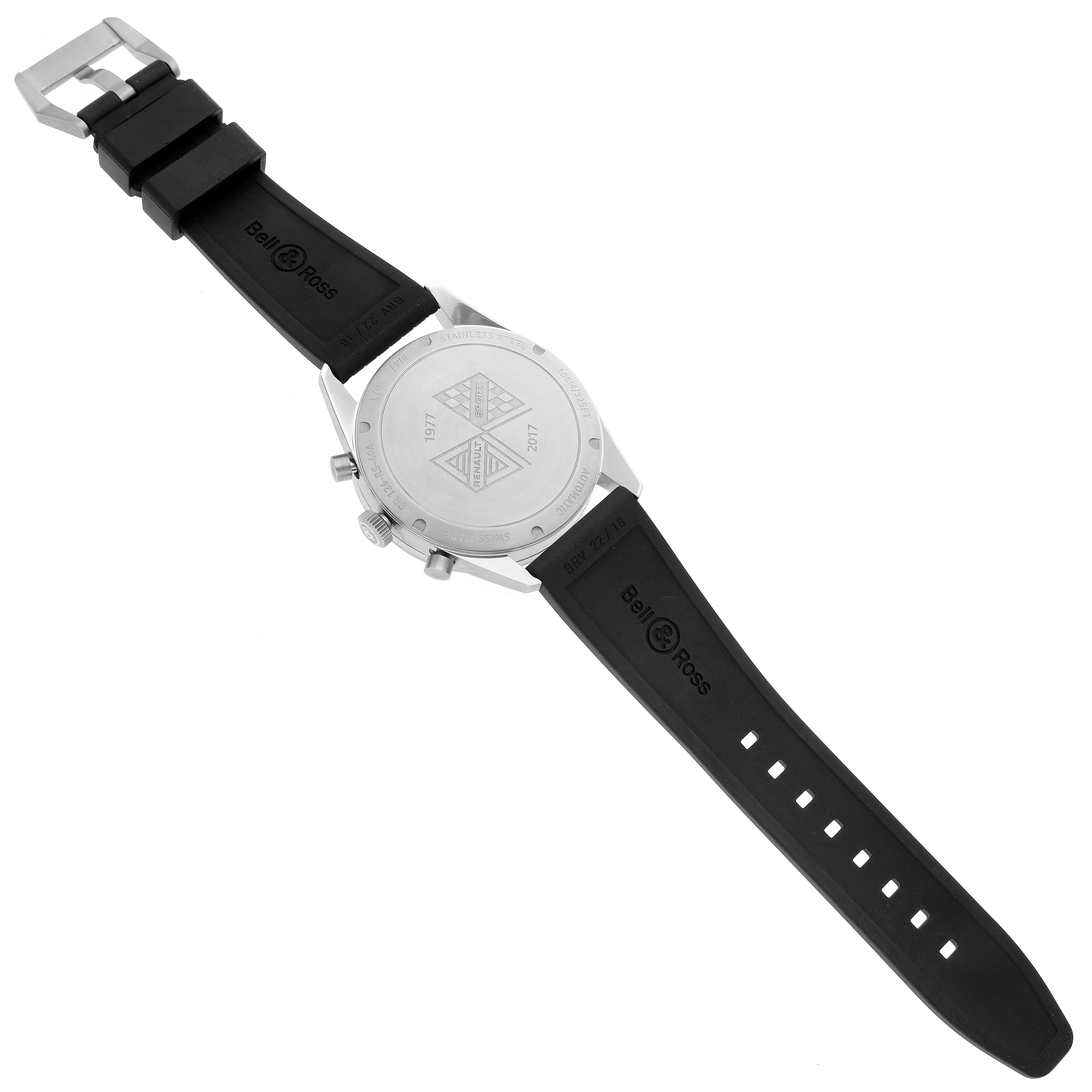 The image shows the back and strap of a Bell 
Ross Heritage BRV126-RS40-ST Men
s Stainless Steel Black Dial BRV126-RS40-ST Men
s Stainless Steel Black Dial model watch.