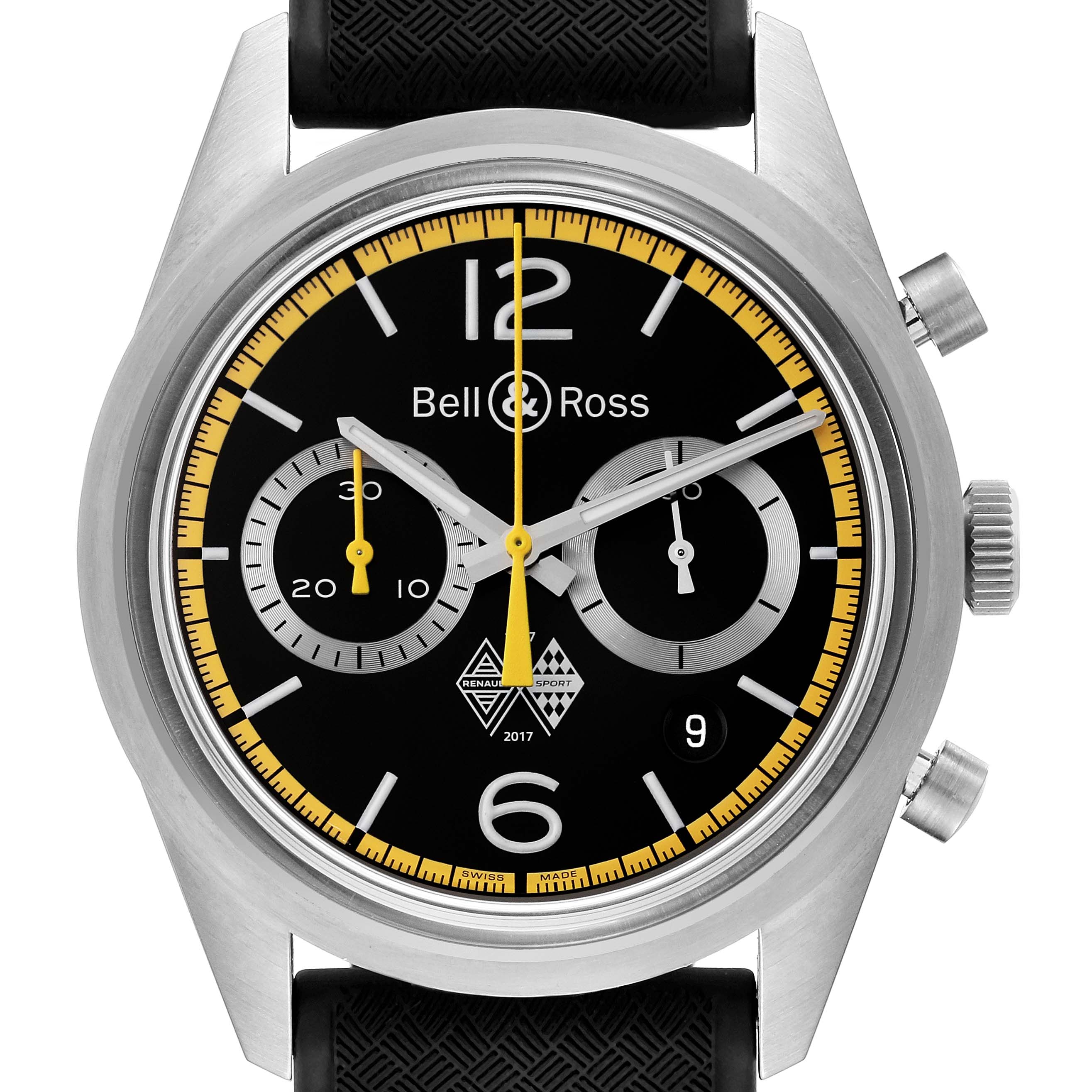 The Bell 
Ross Heritage BRV126-RS40-ST Men
s Stainless Steel Black Dial BRV126-RS40-ST Men
s Stainless Steel Black Dial model watch is shown from a front angle, displaying its dial, bezel, chronograph subdials, and crown.