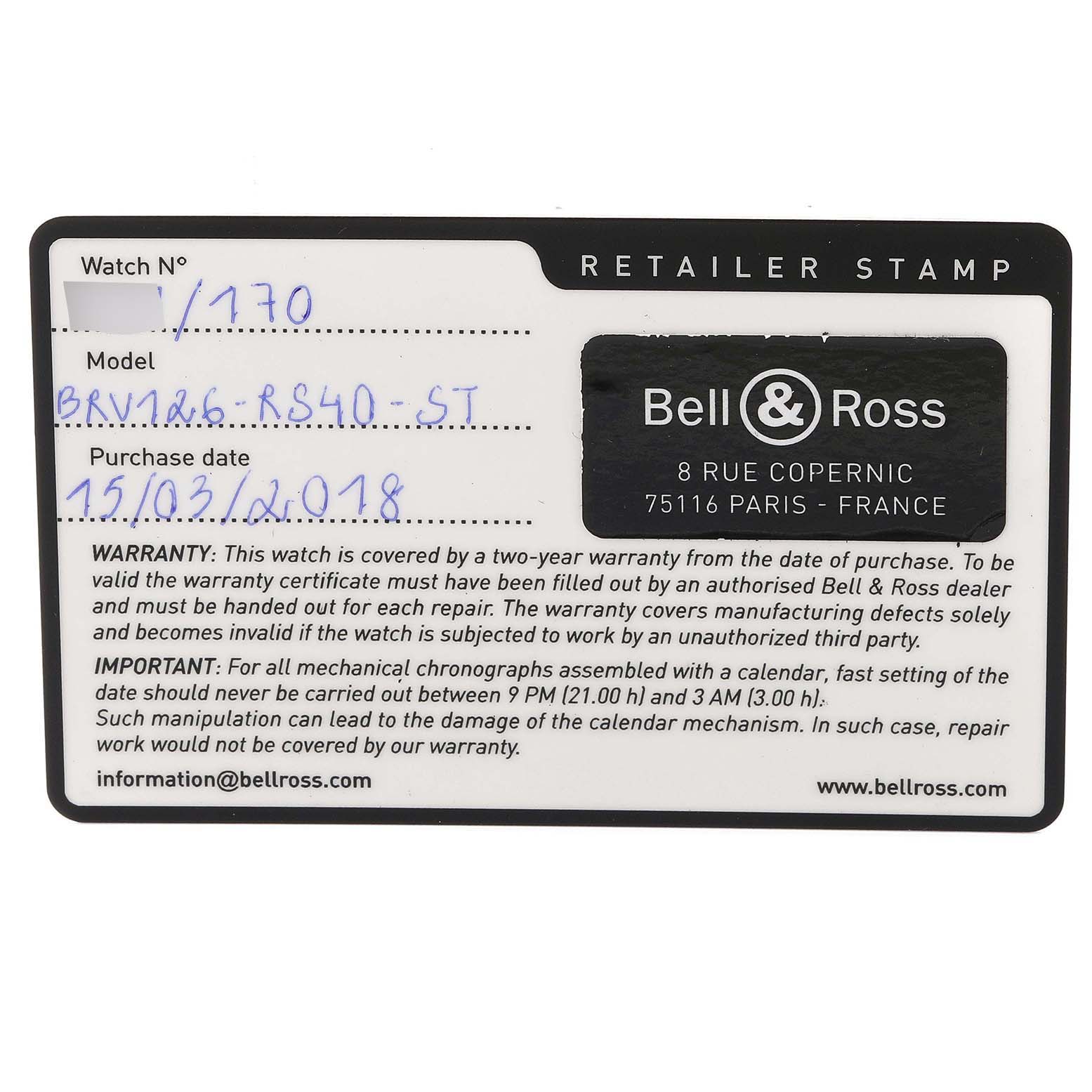 The image shows a Bell 
Ross warranty card for the Heritage model BRV126-RS40-ST.