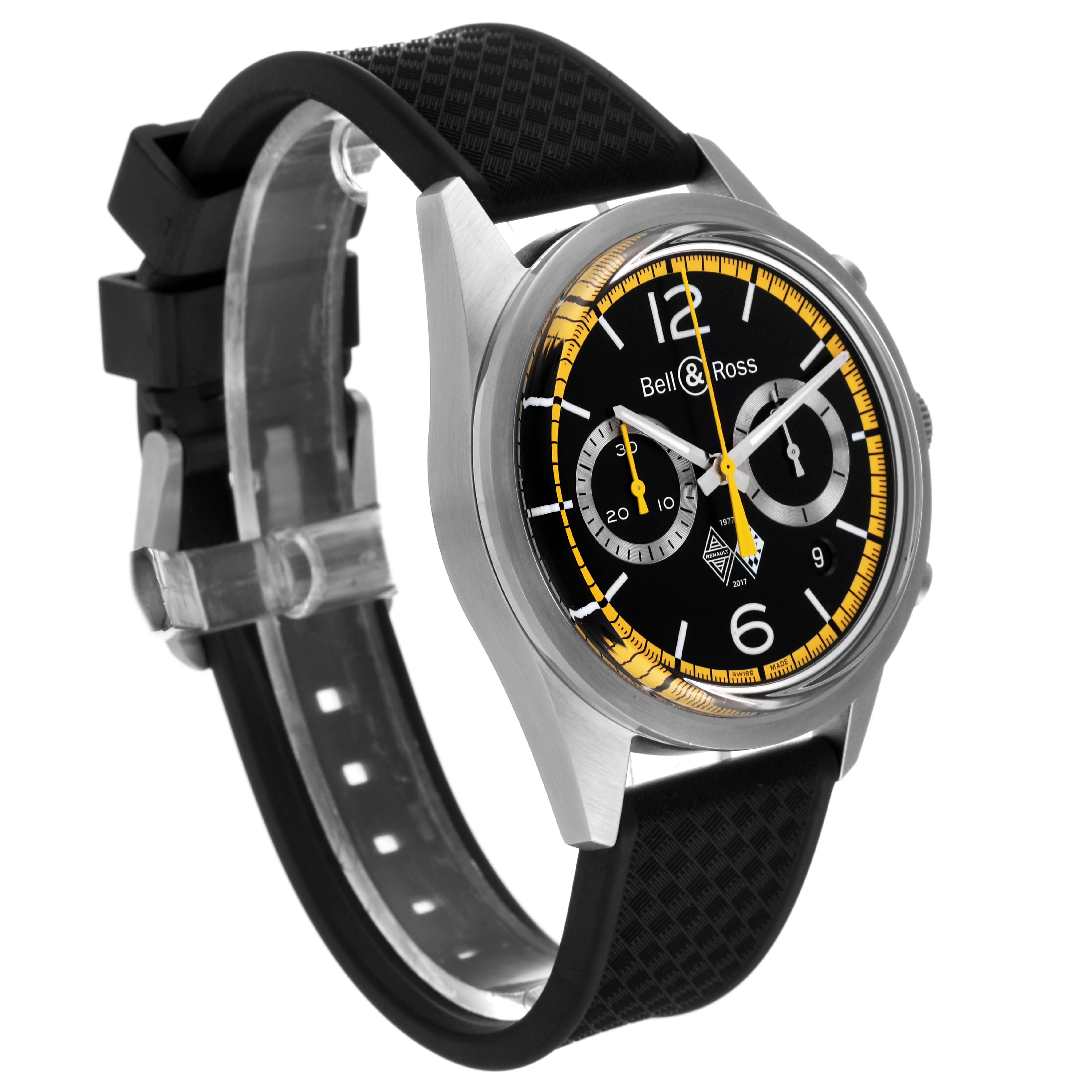 The Bell 
Ross Heritage BRV126-RS40-ST Men
s Stainless Steel Black Dial BRV126-RS40-ST Men
s Stainless Steel Black Dial model watch is shown from an angled side perspective focusing on the face and strap.