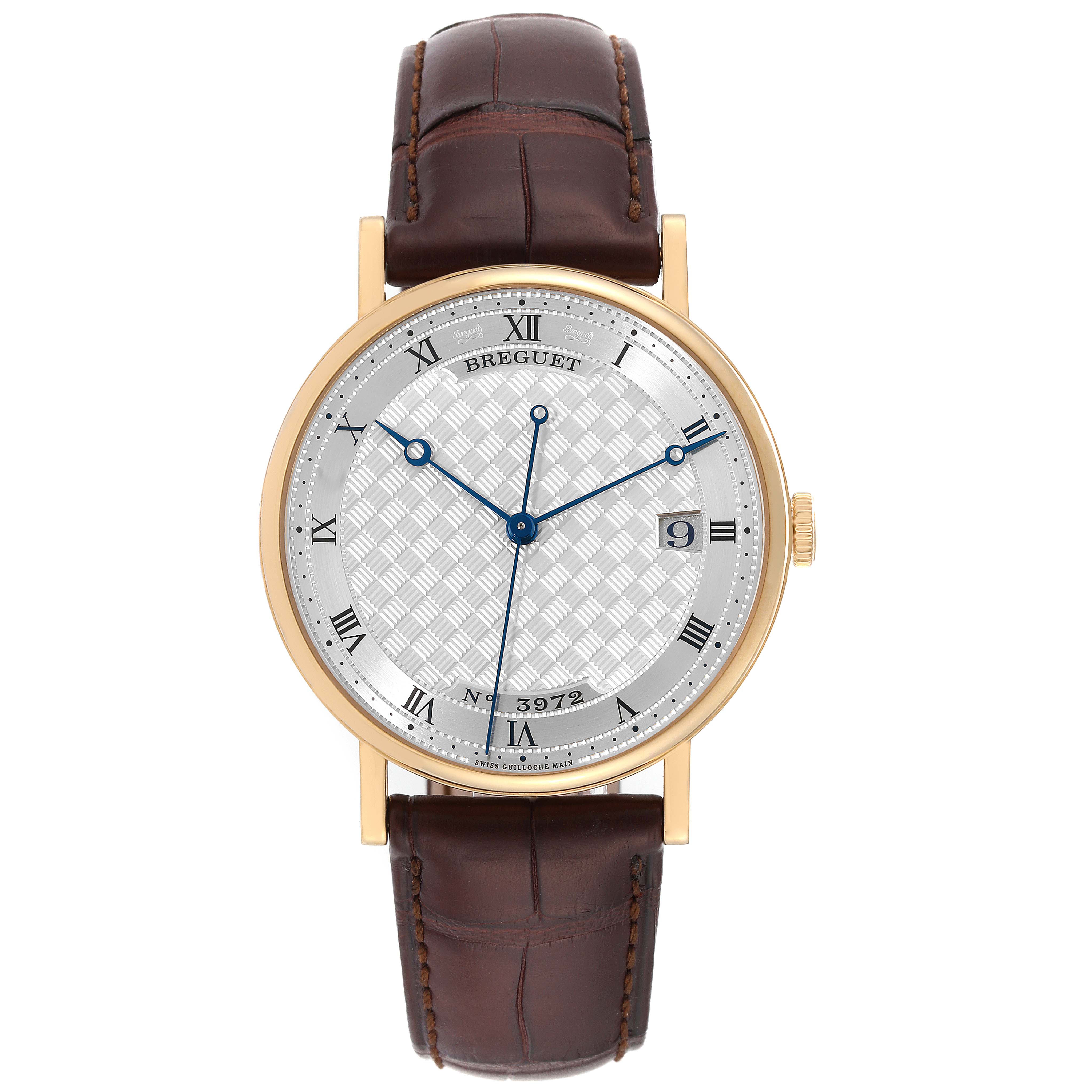 The image shows a front view of the Breguet Classique 5177BA/12/9V6 Men's Yellow Gold Silver Dial 5177BA/12/9V6 Men's Yellow Gold Silver Dial watch, highlighting the dial, case, and brown leather strap.