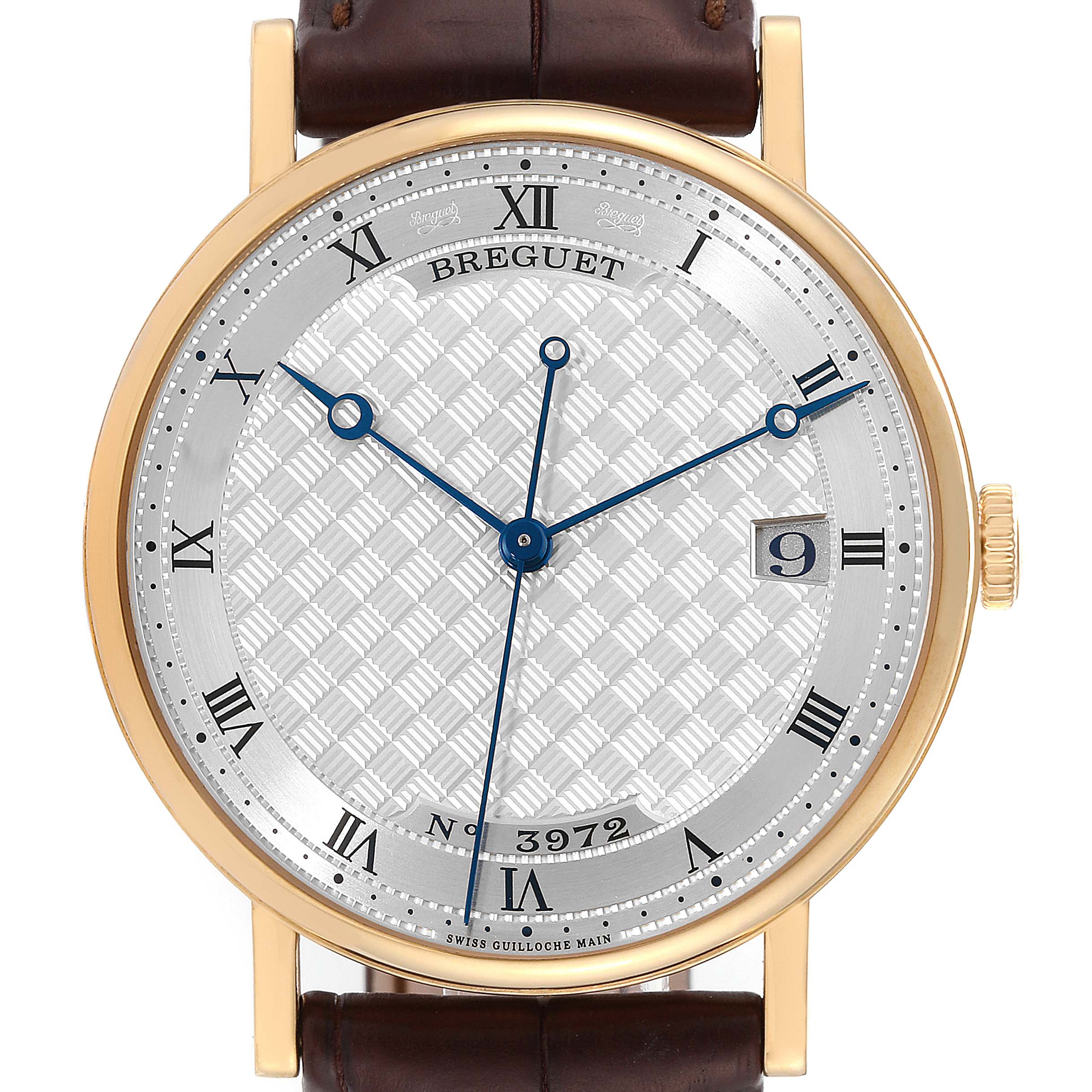 The image displays a front view of a Breguet Classique 5177BA/12/9V6 Men's Yellow Gold Silver Dial 5177BA/12/9V6 Men's Yellow Gold Silver Dial watch, showing the dial, hands, and part of the leather strap.