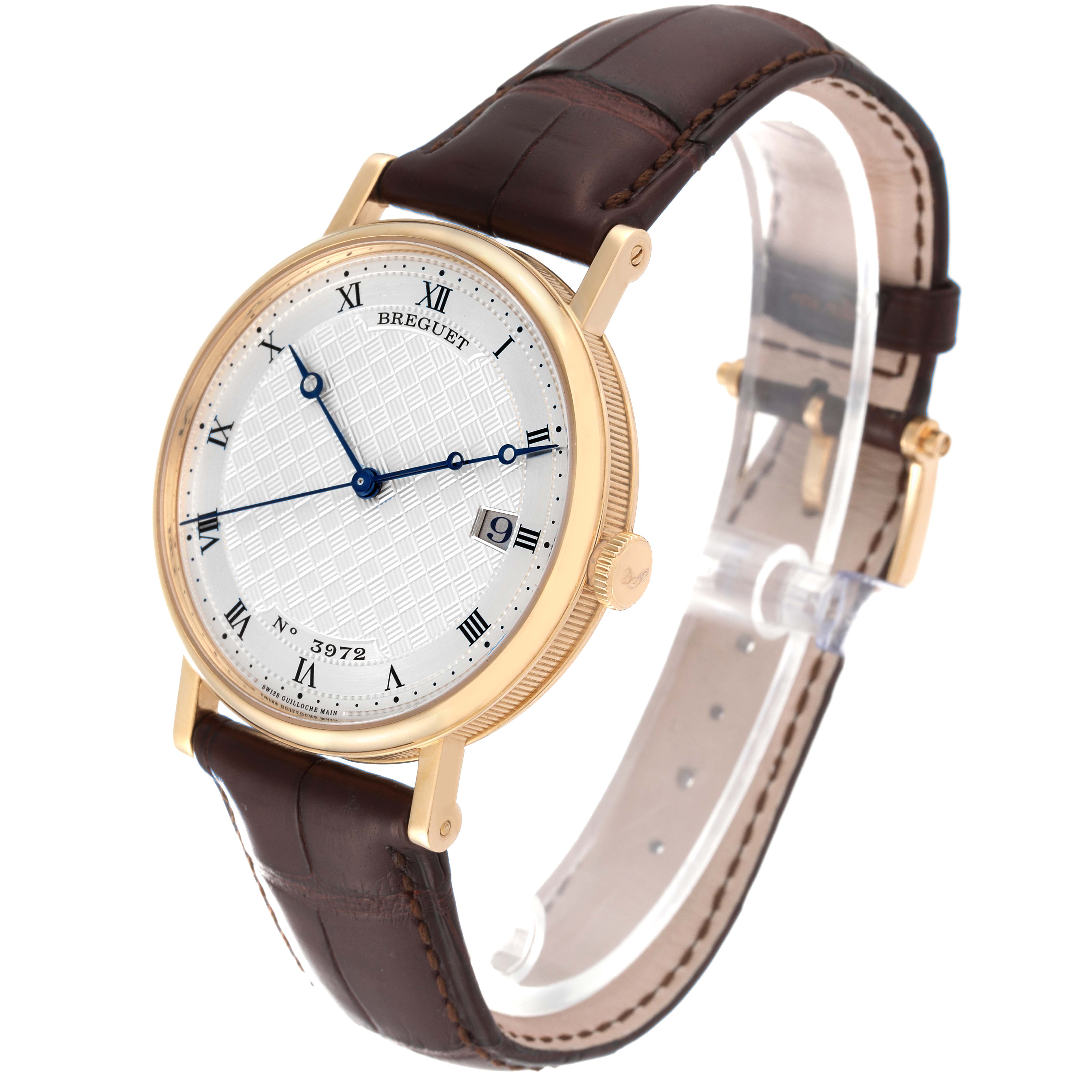 This image shows a Breguet Classique 5177BA/12/9V6 Men's Yellow Gold Silver Dial 5177BA/12/9V6 Men's Yellow Gold Silver Dial model watch angled from the front-left, displaying the watch face and brown leather strap.