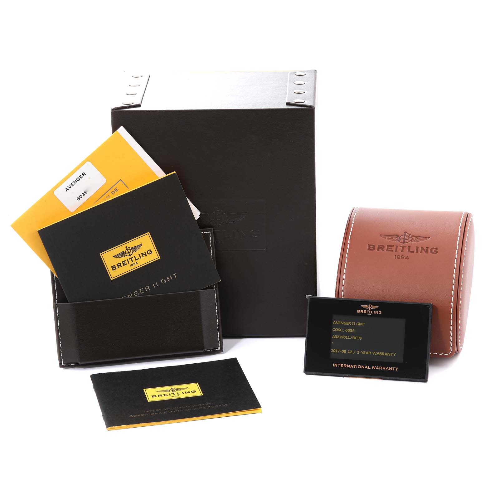 The image shows a Breitling Avenger A3239011/BC35 Men's Stainless Steel Black Dial A3239011/BC35 Men's Stainless Steel Black Dial watch box, warranty card, instructions, and a leather case from a front angle.