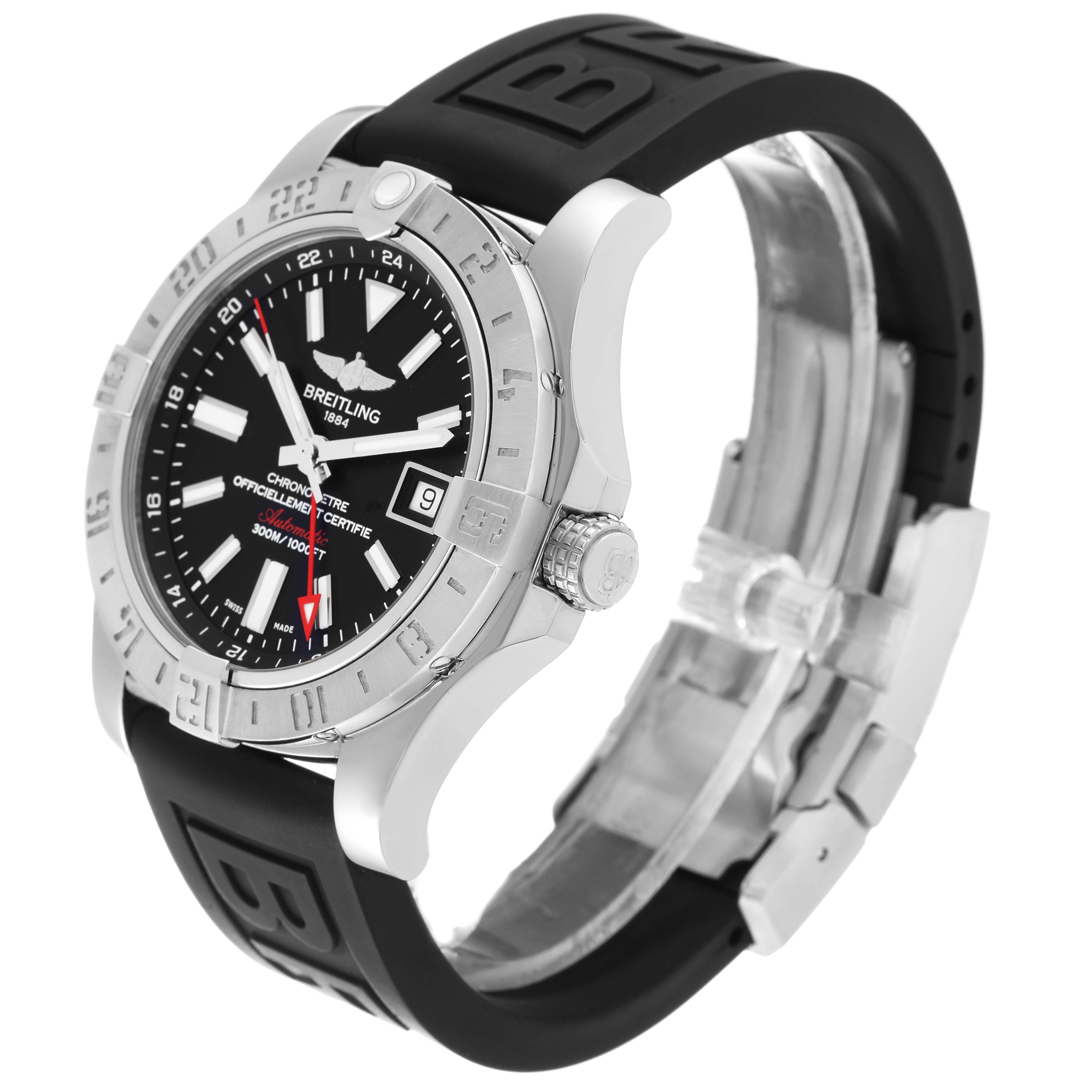 This image shows a side angle view of the Breitling Avenger A3239011/BC35 Men's Stainless Steel Black Dial A3239011/BC35 Men's Stainless Steel Black Dial watch, highlighting its dial, bezel, crown, and rubber strap.