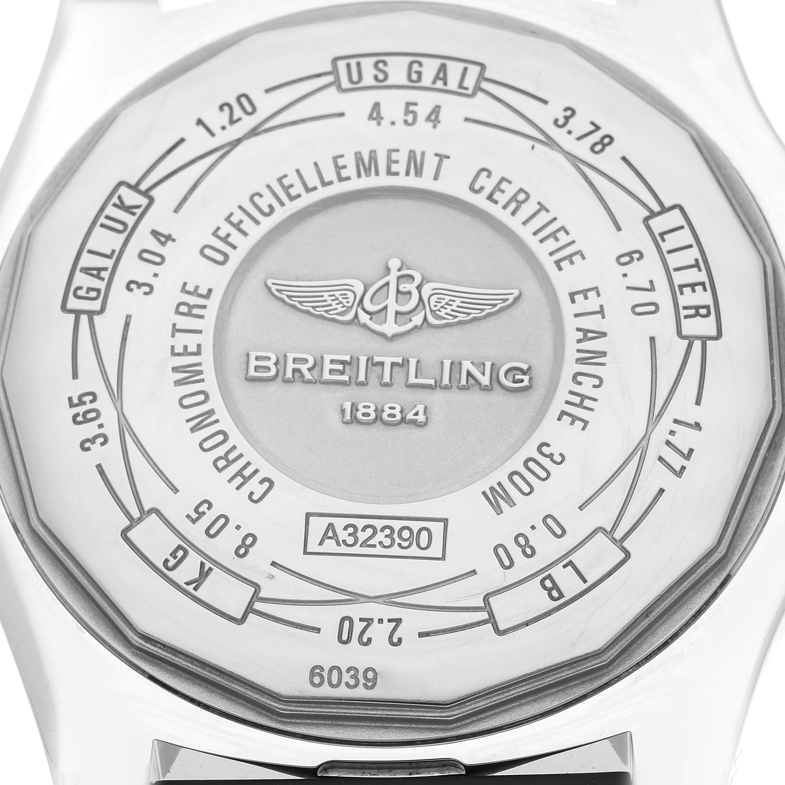 The image shows the back case of a Breitling Avenger A3239011/BC35 Men's Stainless Steel Black Dial A3239011/BC35 Men's Stainless Steel Black Dial watch, featuring the brand logo, certification markings, and conversion scales.