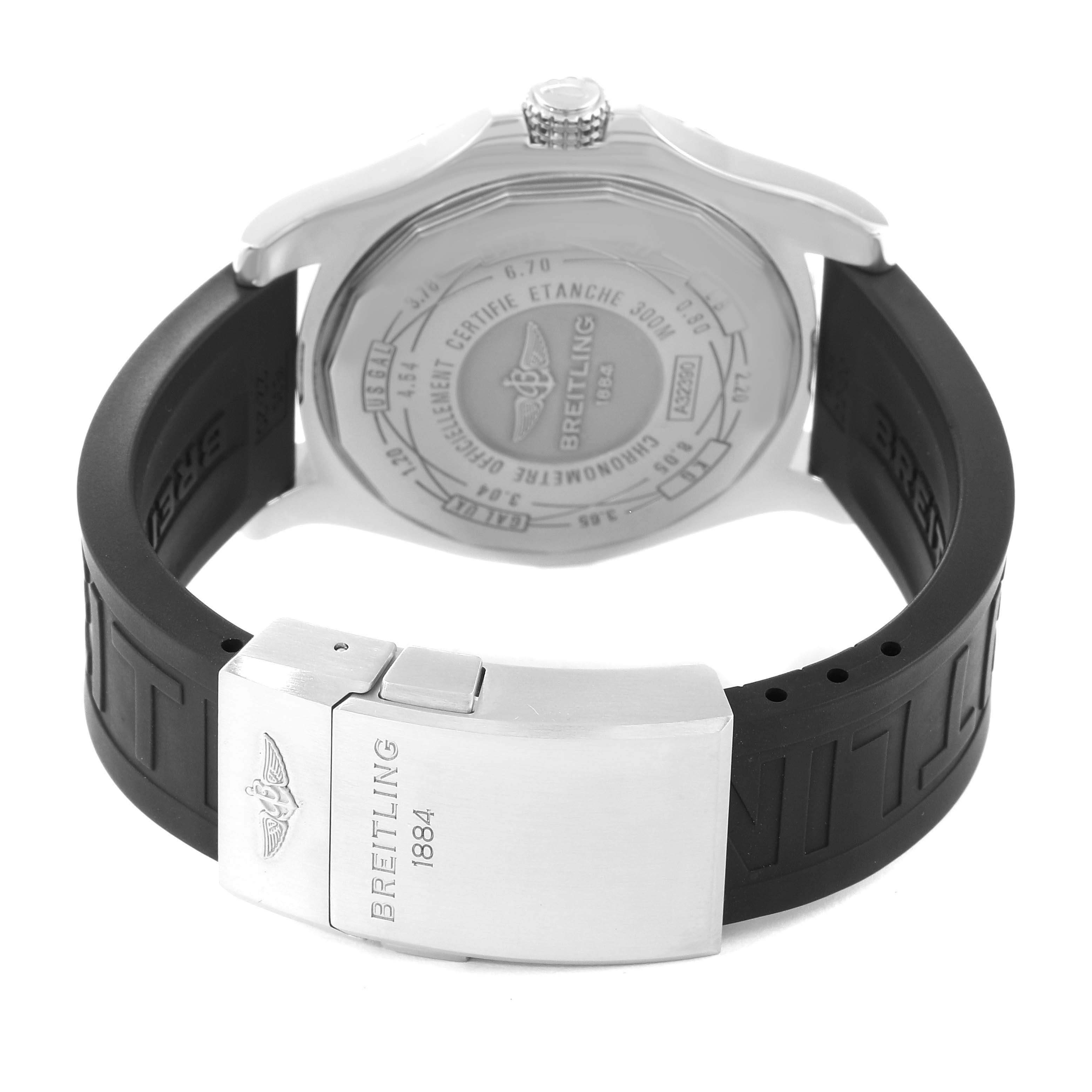 The image shows the back and clasp of a Breitling Avenger A3239011/BC35 Men's Stainless Steel Black Dial A3239011/BC35 Men's Stainless Steel Black Dial watch, showcasing its rubber strap and stainless steel clasp.