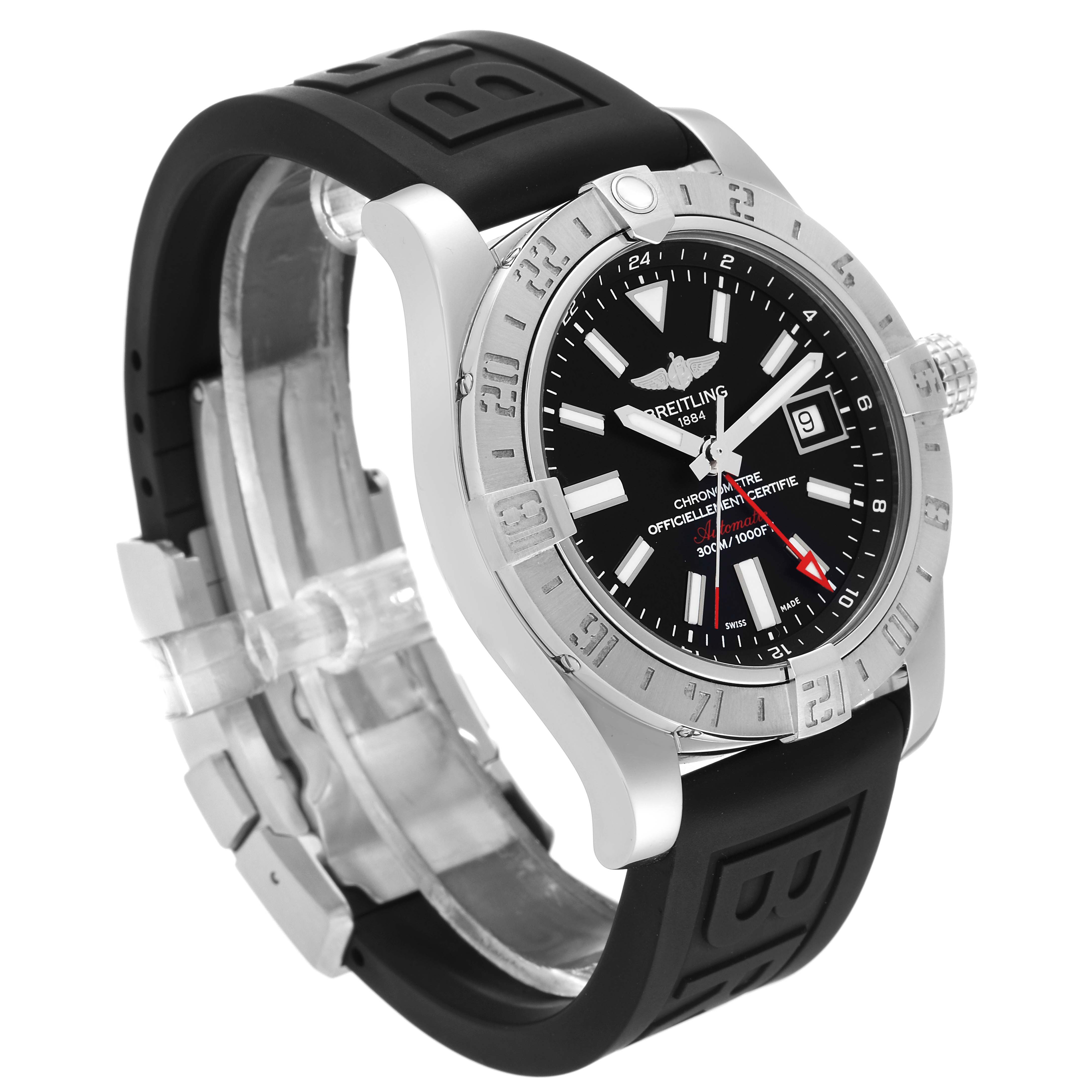 The Breitling Avenger A3239011/BC35 Men's Stainless Steel Black Dial A3239011/BC35 Men's Stainless Steel Black Dial watch is shown at an angle displaying the dial, bezel, crown, and black rubber strap.