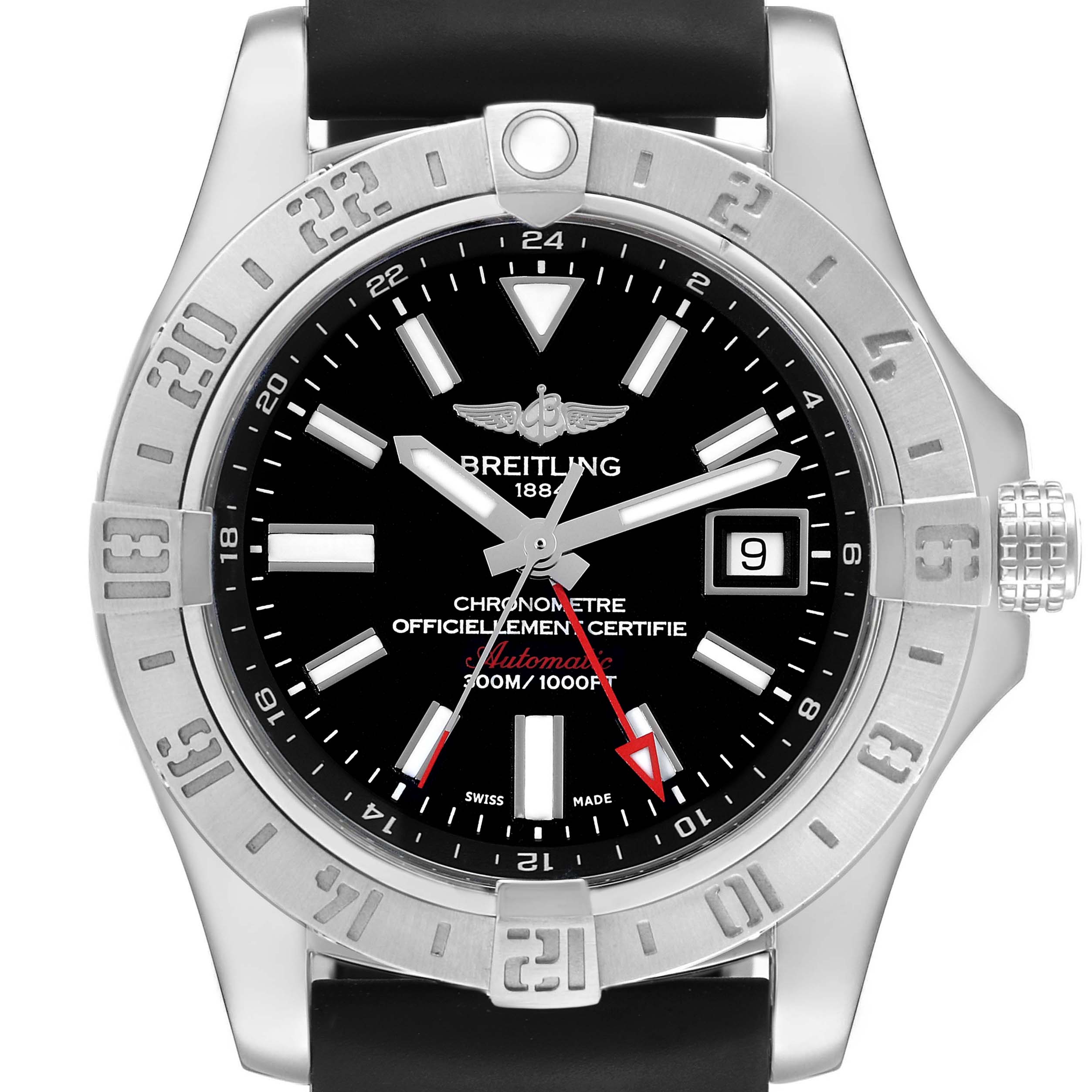 The image shows a front view of a Breitling Avenger A3239011/BC35 Men's Stainless Steel Black Dial A3239011/BC35 Men's Stainless Steel Black Dial watch, displaying the bezel, dial, hands, and date window.