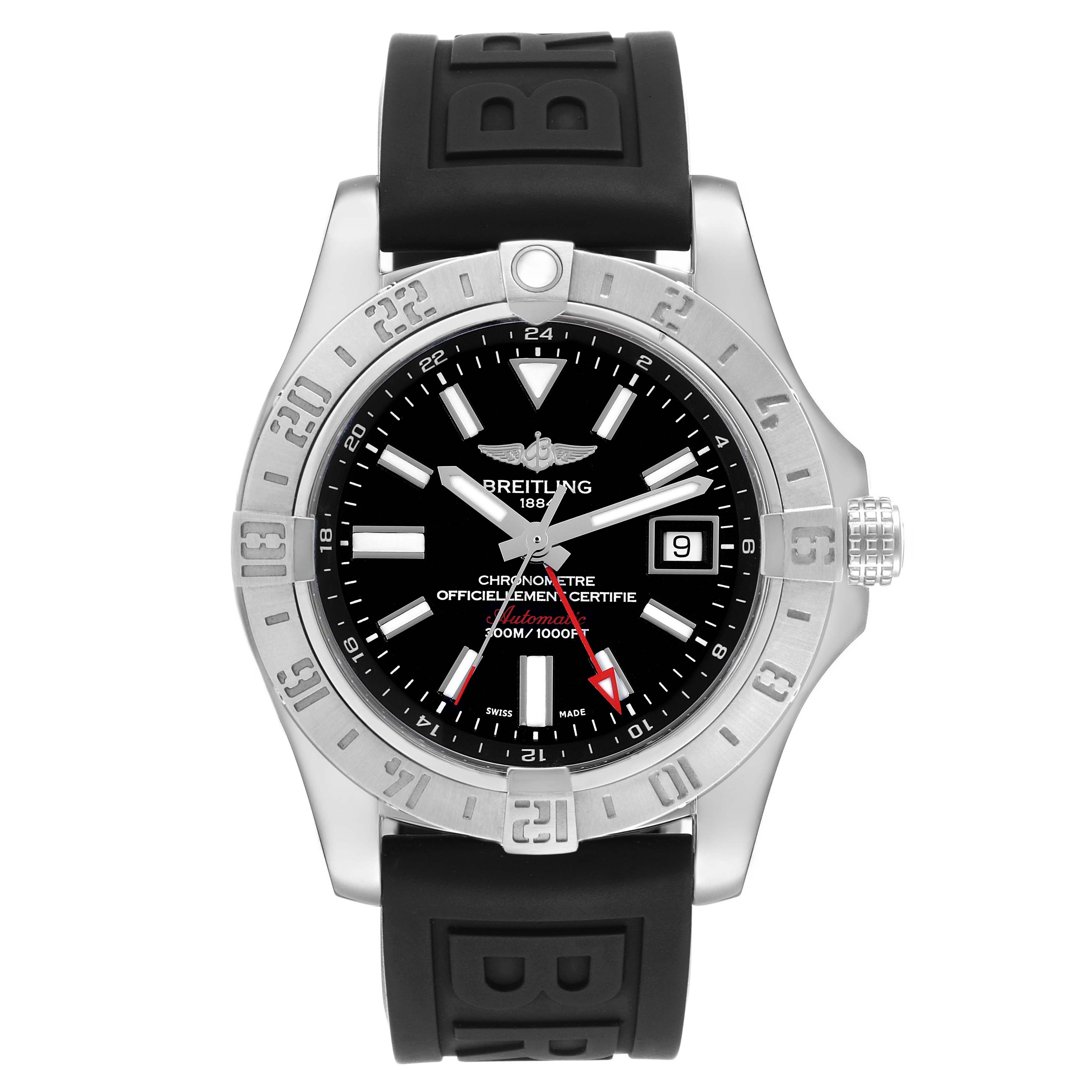 The image shows a front view of a Breitling Avenger A3239011/BC35 Men's Stainless Steel Black Dial A3239011/BC35 Men's Stainless Steel Black Dial watch featuring its dial, bezel, crown, and rubber strap.