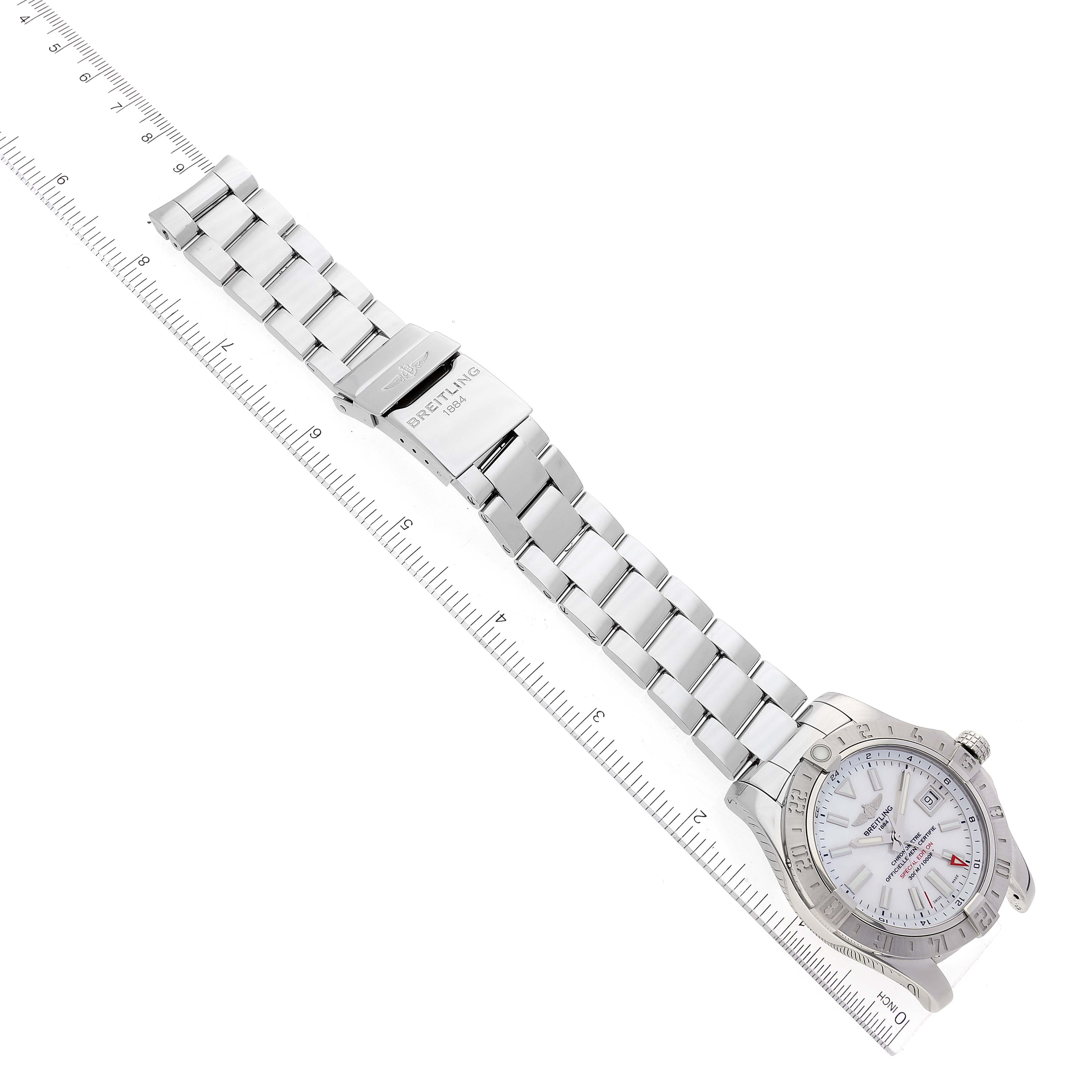 The image shows a top-down view of a Breitling Avenger A3239011-C872-170A Men's Stainless Steel Mother of Pearl Dial A3239011-C872-170A Men's Stainless Steel Mother of Pearl Dial watch, highlighting its metal bracelet and clasp.