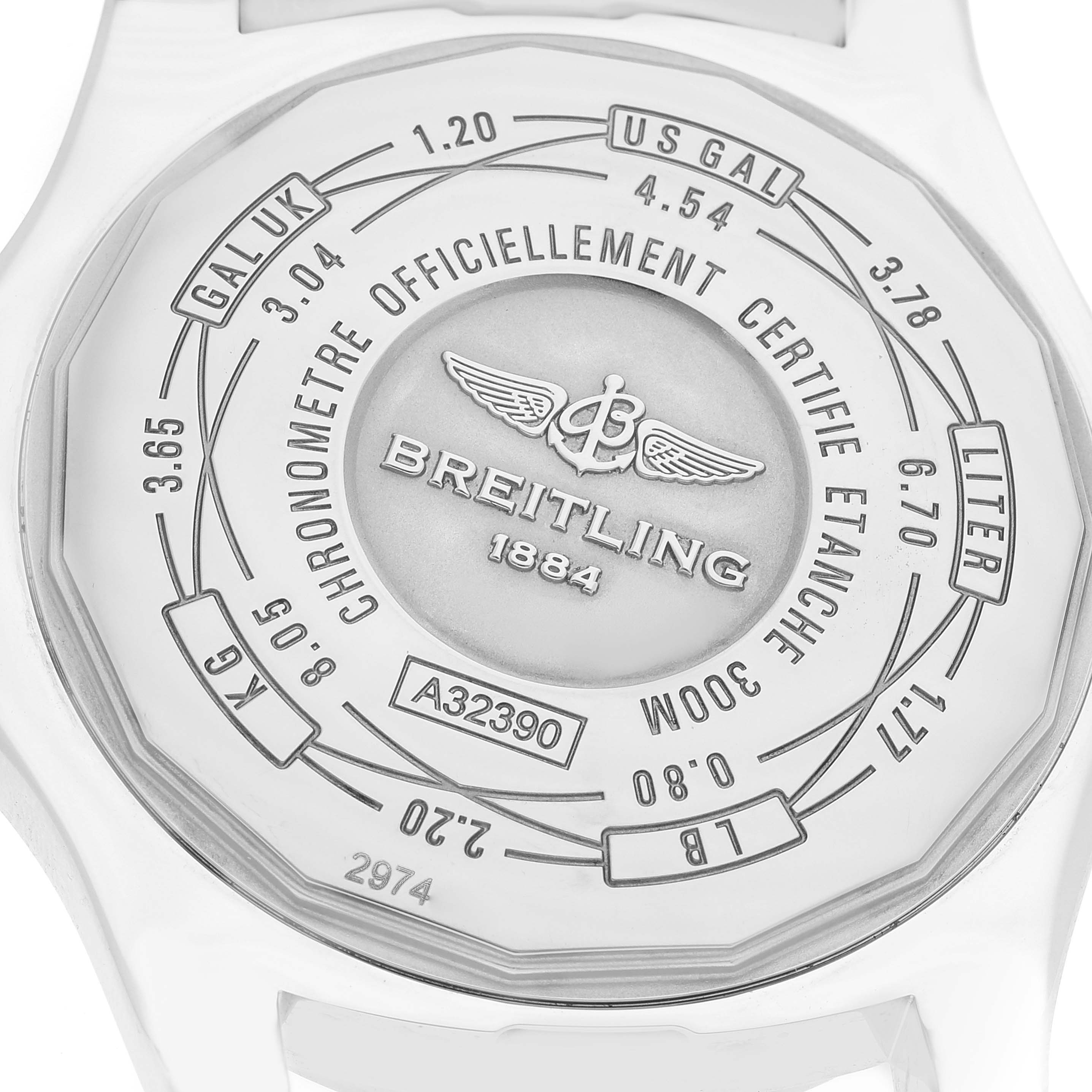 This image shows the back casing of a Breitling Avenger A3239011-C872-170A Men's Stainless Steel Mother of Pearl Dial A3239011-C872-170A Men's Stainless Steel Mother of Pearl Dial watch, highlighting model number A32390 and other specifications.