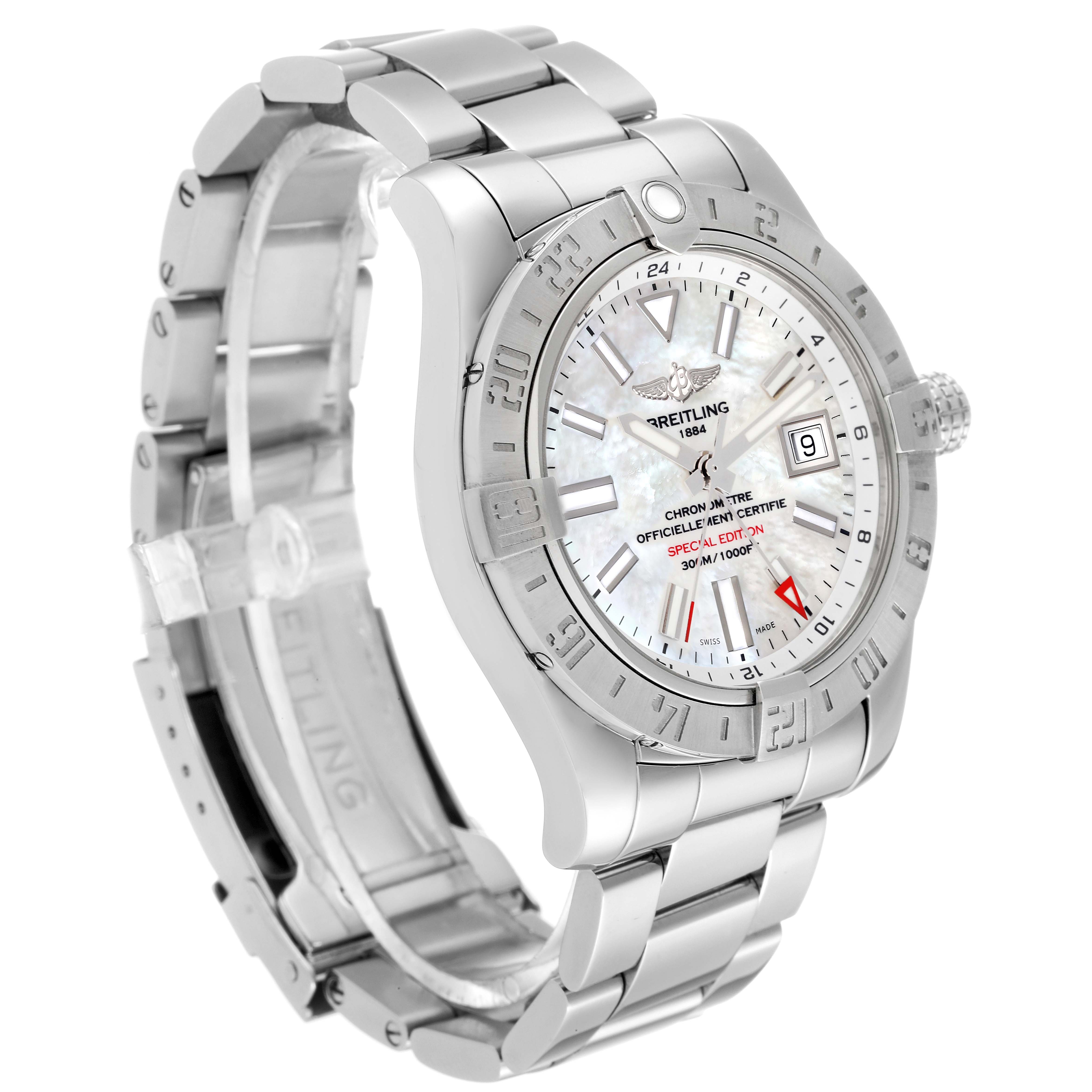 The image shows a Breitling Avenger A3239011-C872-170A Men's Stainless Steel Mother of Pearl Dial A3239011-C872-170A Men's Stainless Steel Mother of Pearl Dial watch at a slight side angle, highlighting its face, bezel, and metal bracelet.