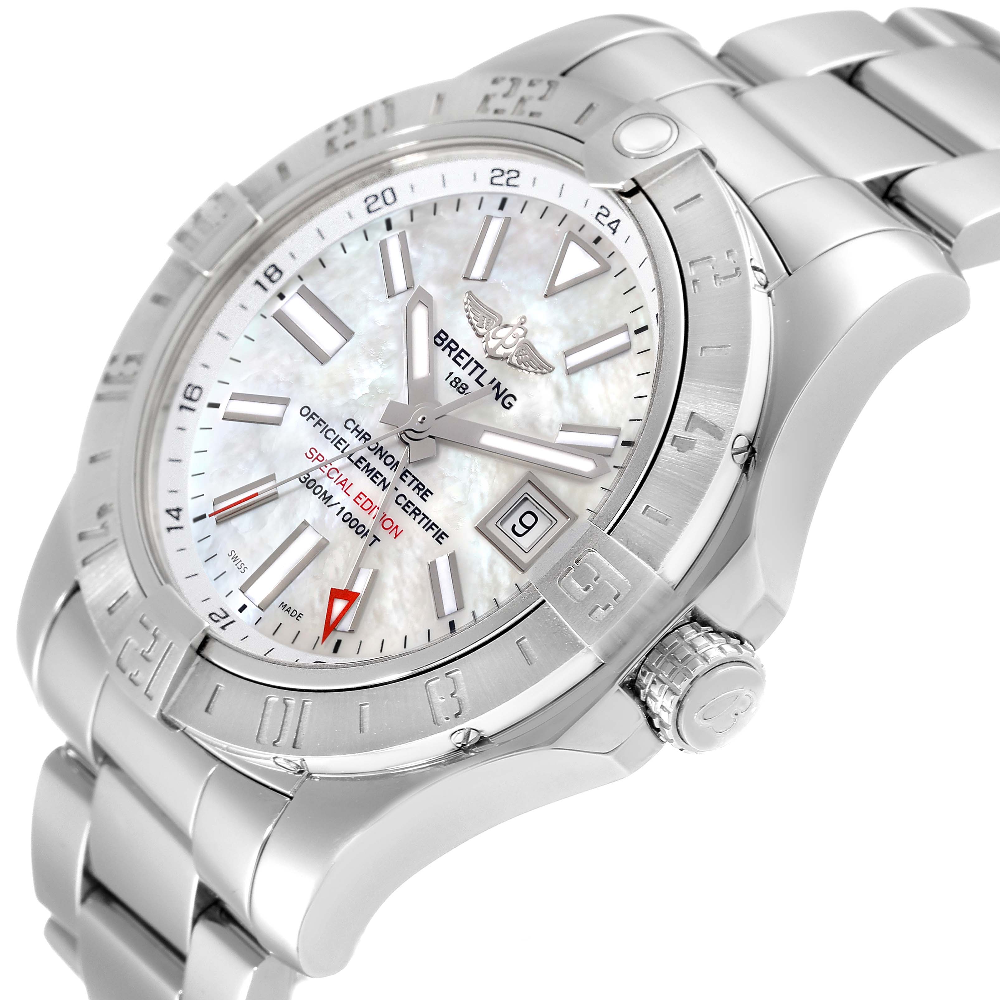 This image shows a Breitling Avenger A3239011-C872-170A Men's Stainless Steel Mother of Pearl Dial A3239011-C872-170A Men's Stainless Steel Mother of Pearl Dial watch in a three-quarter angle, highlighting its face, bezel, and bracelet.